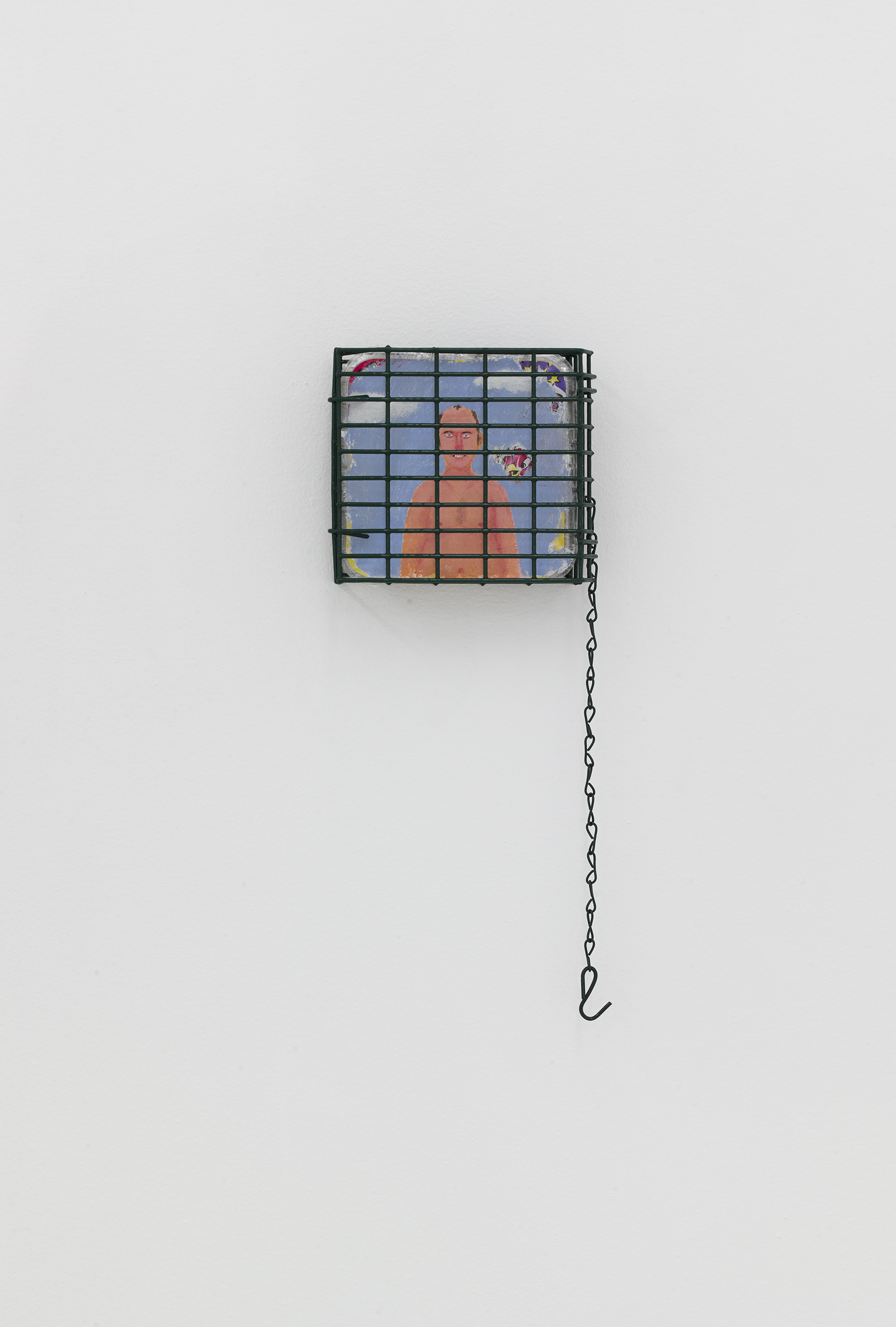  Ted Gahl,  Suet Painting 5 , 2019, Acrylic on High Energy suet package, metal suet cage 5 × 5 inches 