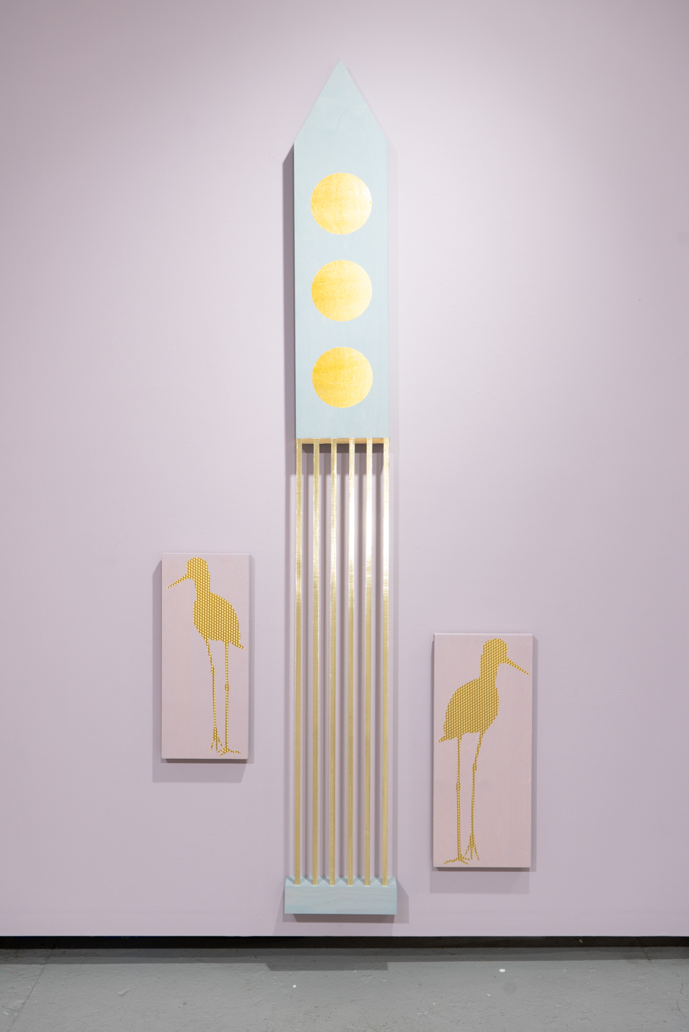  Allison Lacher,  High-rise , 2019; wood, ribbon, vinyl 