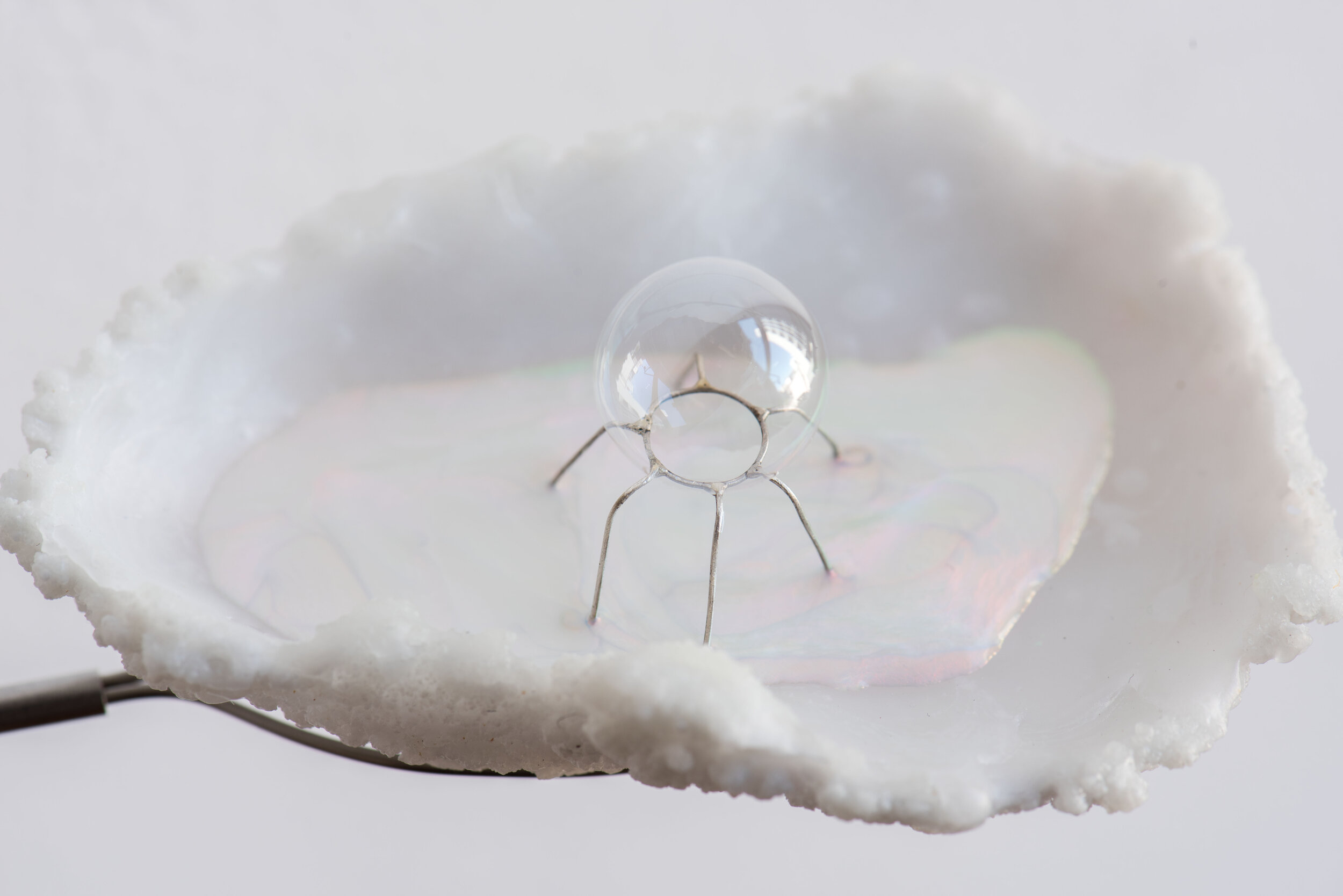   Ripple In , crystal grown from calcium acetate, paraffin wax, liquid crystal, sterling silver, plastic, 2019. 