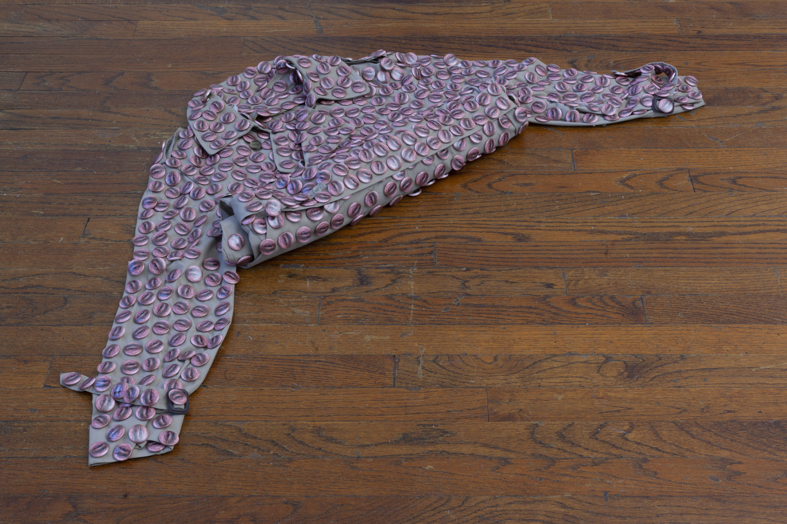  Nicholas Sullivan,  Blanket , 2019, Jacket, pins, 6 x 36 x 20 in 