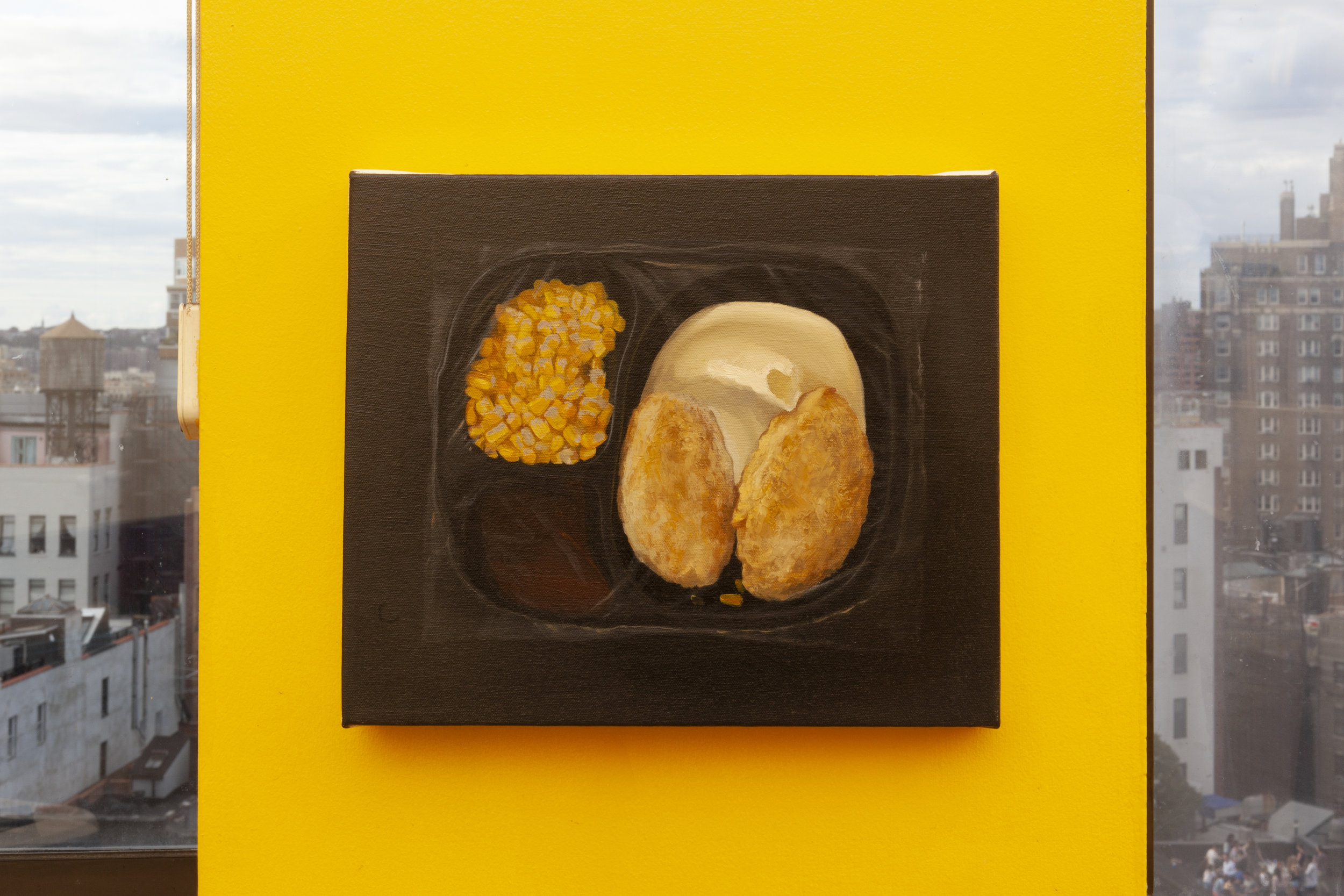  Brandi Twilley,  Hungry Man Boneless Chicken Dinner , 2018, Oil on canvas, 11.5 x 13.75 in 