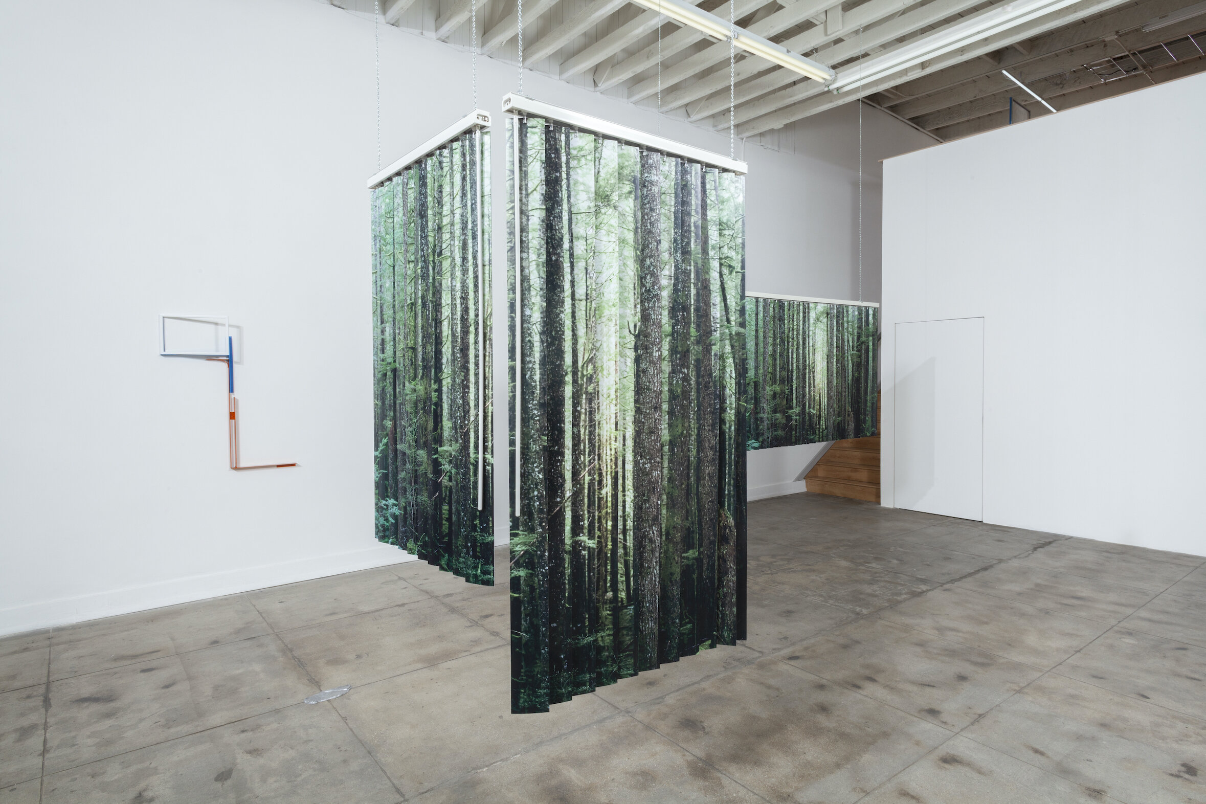   A wide and view of a dense forest in British Columbia/ Fresh raw meat 2,  2019 Salvaged vertical blinds, vinyl, stock photographs, 31 x 56 x 3 1⁄2 inches 