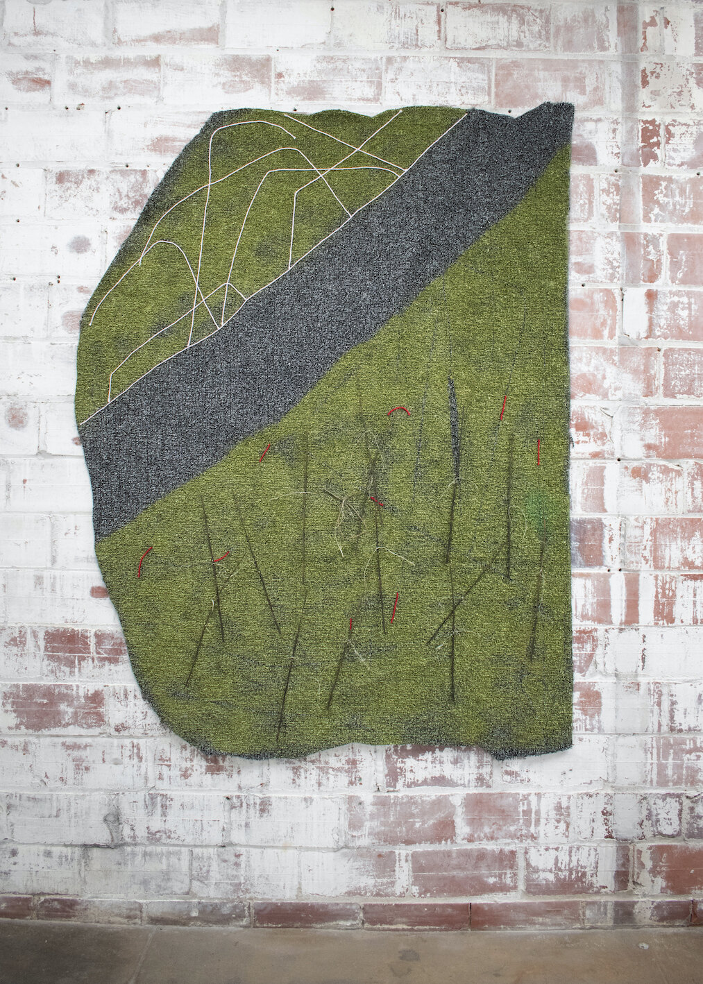  Teresa Baker,  Forest , 2019, Willow, Yarn, Spray Paint and Buffalo Sinew on AstroTurf, 64 x 51 inches 