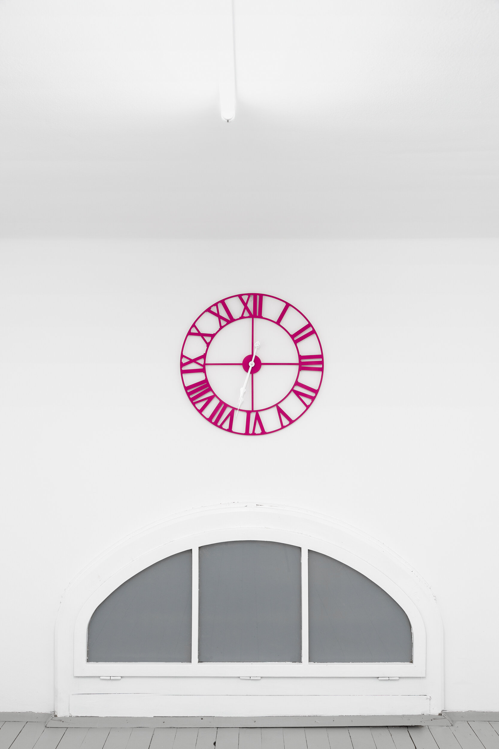  Julius Pristauz,  Pink clock (2x12) , 2019. Roman clock, spray paint, 60 x 60 cm 