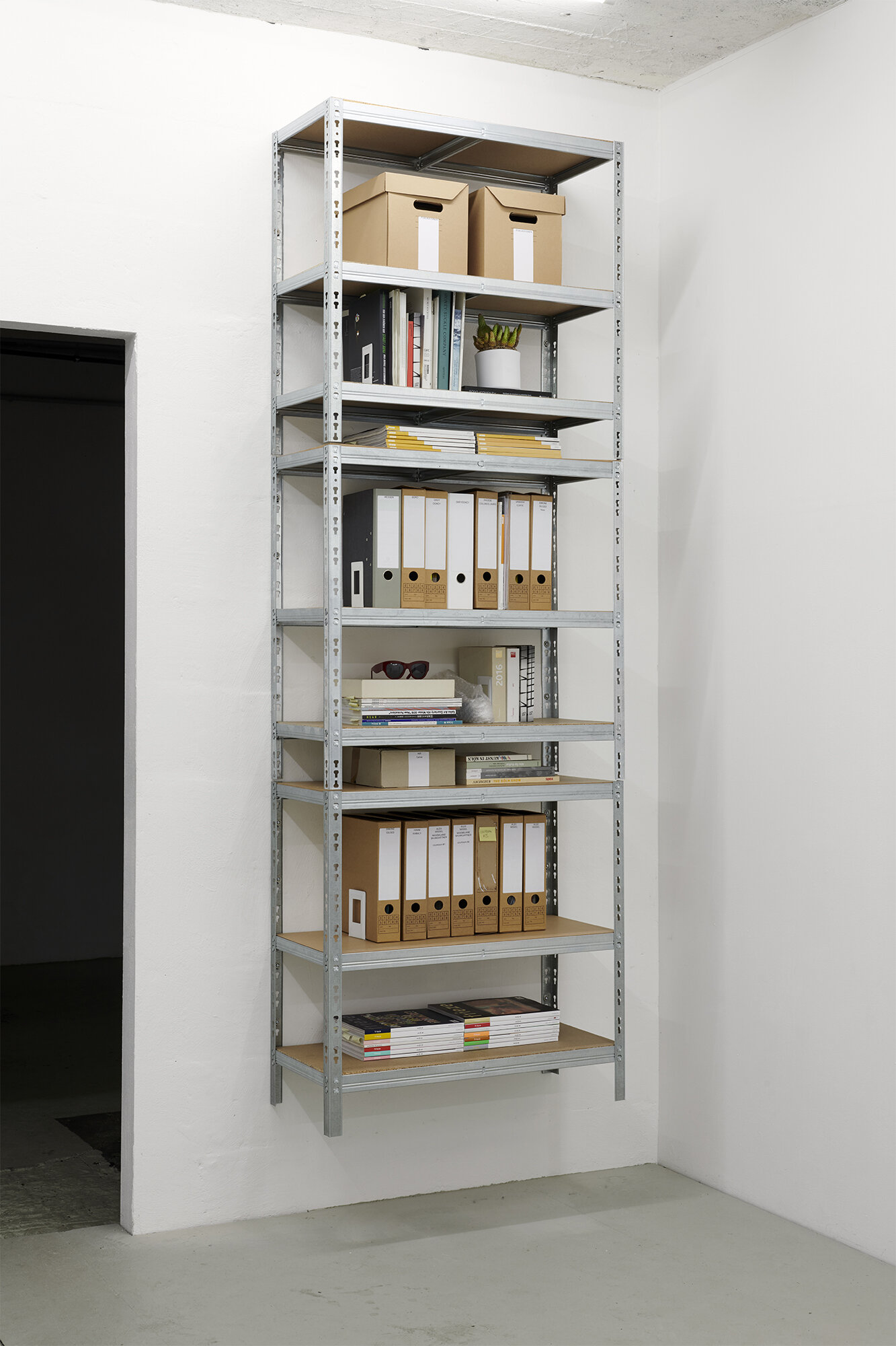  Tobias Hohn &amp; Stanton Taylor,  Relief , 2019, gallery shelving (Regalux), artist documents, art fair documents (all financial information removed for privacy), various art publications, issues of Artforum, Frieze, and Spike, shades, cactus  