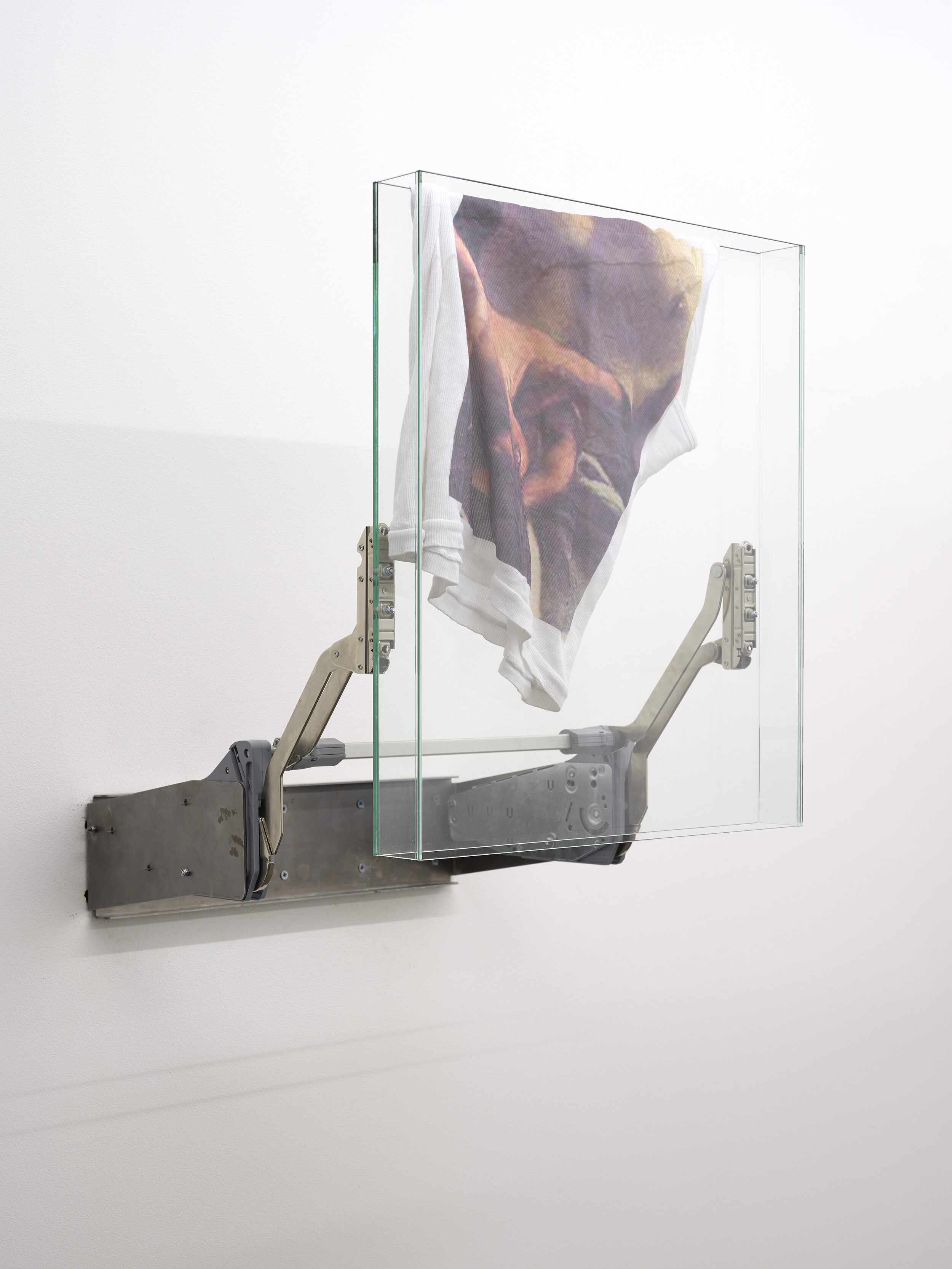  Manuel Burgener,  Untitled ,  2018, Metal, glass, t-shirt,  60 x 48 x 51 cm 