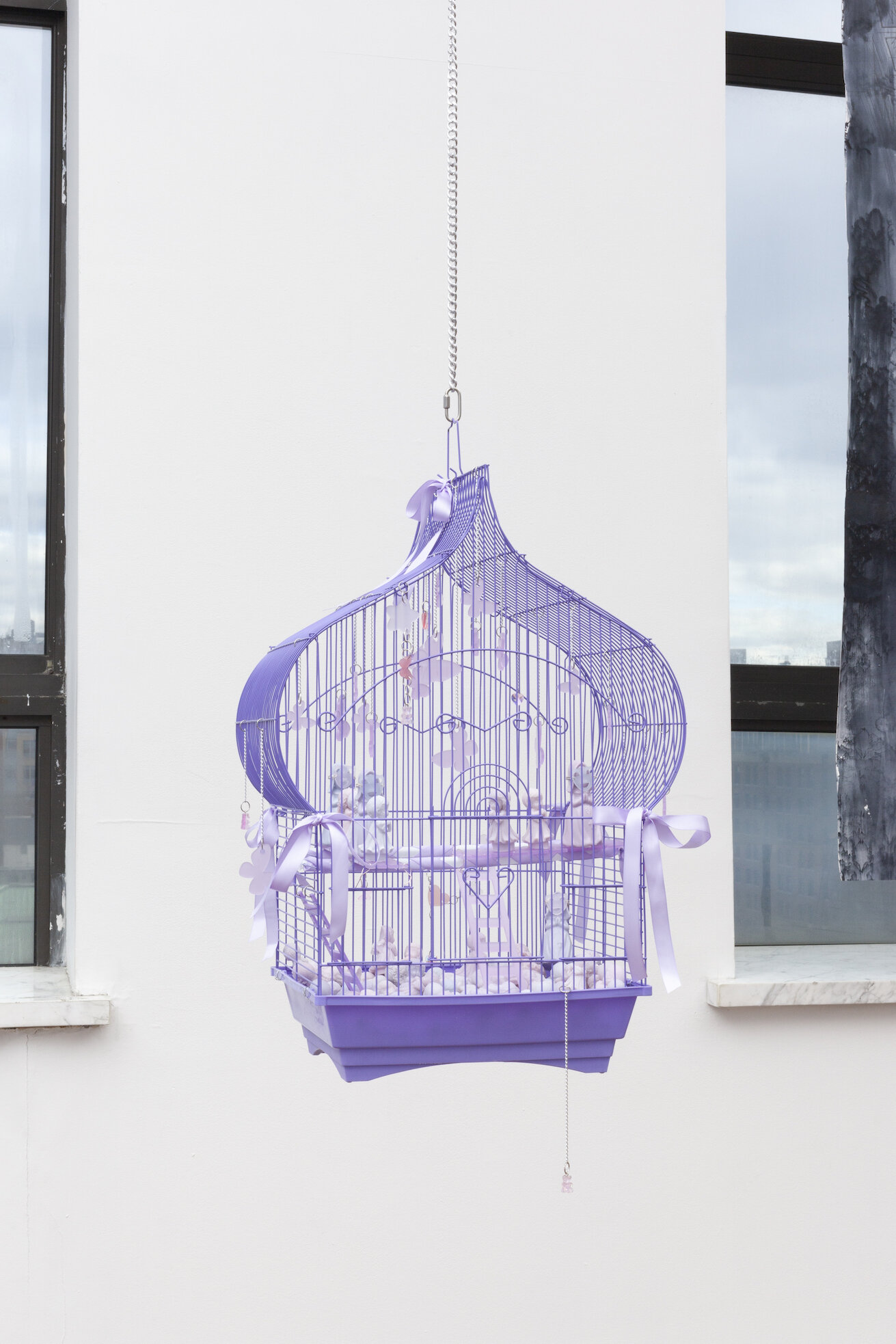  Emma Pryde,  Purple Taj Mahal , 2020, Wax, Acrylic Sheet, Metal Hardware, Ribbon, Resin, Swarovski Crystals, Birdcage, 27 x 16.5 x 10.5 in  