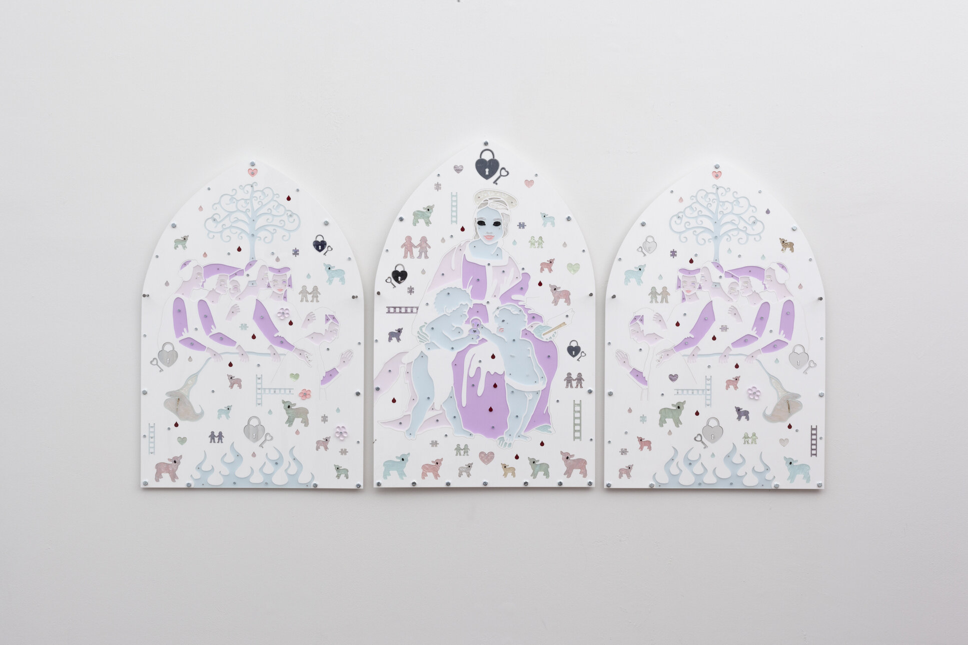  Emma Pryde,  Maestà , 2019, Acrylic Sheet, Metal Hardware, Left: 33 x 22.2 x 0.75 in (83.8 x 56.4 x 1.9 cm), Center: 34.8 x 22 x 0.75 in (88.4 x 55.9 x 1.9 cm), Right: 33 x 22.2 x 0.75 in (83.8 x 56.4 x 1.9 cm)  