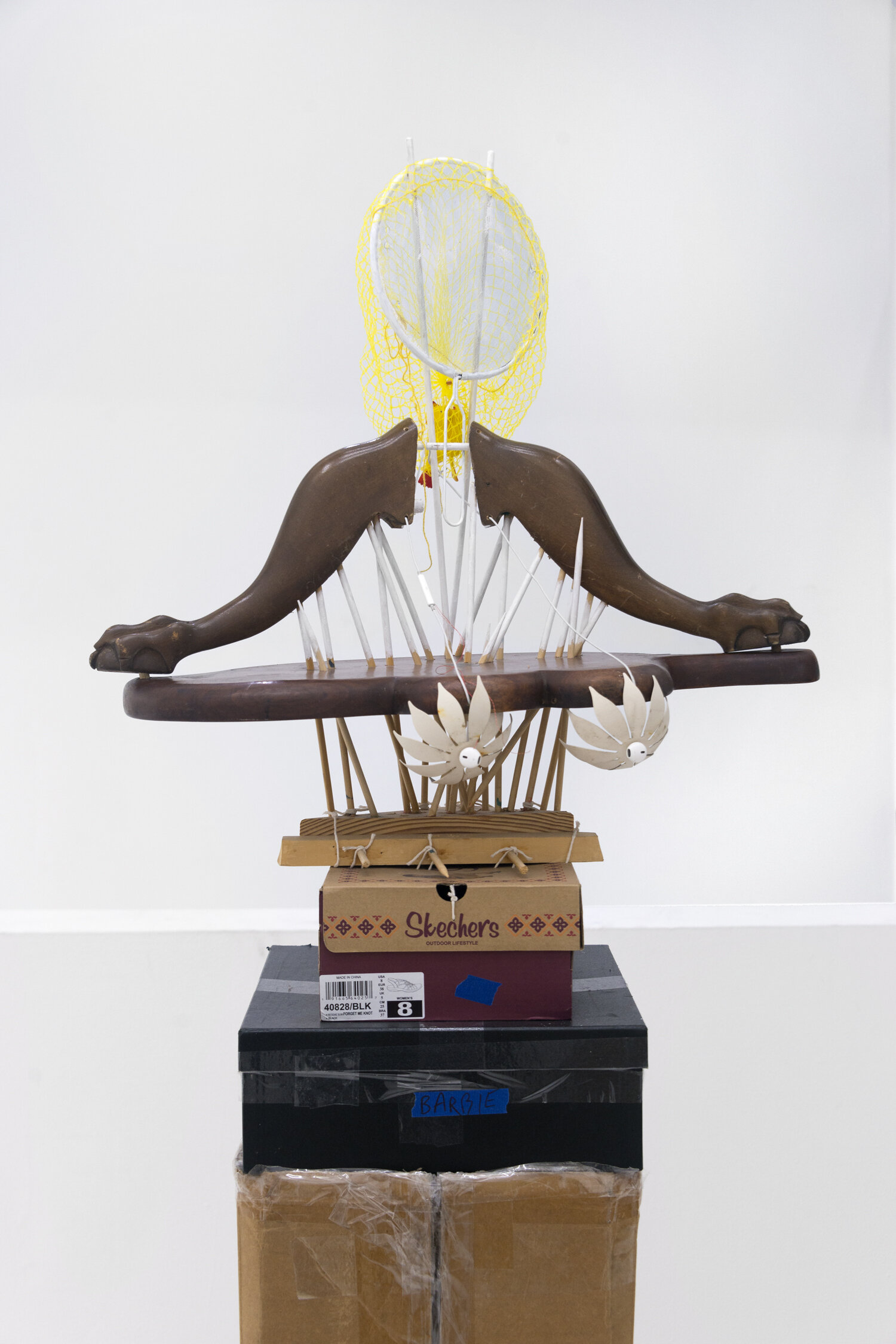   Bertha , 2019, Wood, metal, bamboo, plastic, rubber, acrylic paint, cotton thread pedestal: cardboard, cotton twine 72 x 24 x 12 in (bust only 24 x 24 x 11 in)  