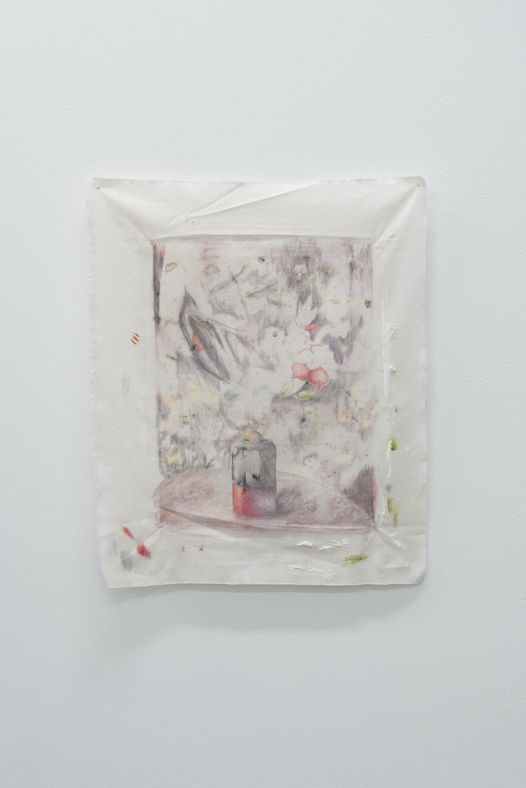  Alejandro Jiménez-Flores,  entre tus doblez, sensibilidades–character and sensibility, into the fold... ,​ 2019 flower petals dye, soft-pastels, plaster, and pins on muslin   	  