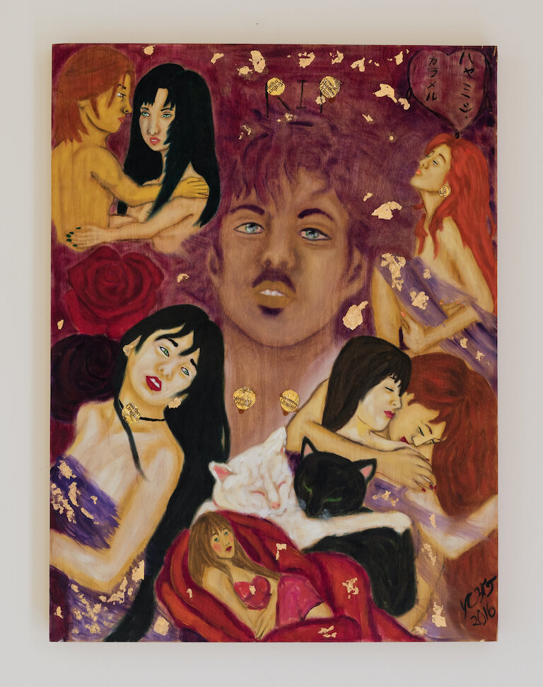  Jamesha Walker-Tenjinmon,  Hayamesha Caramel ( ​ハヤメシャキャラメル ) ​, 2016, oil, gold leaf and Werther's Original wrappers on wood panel 24 x 18 inches 