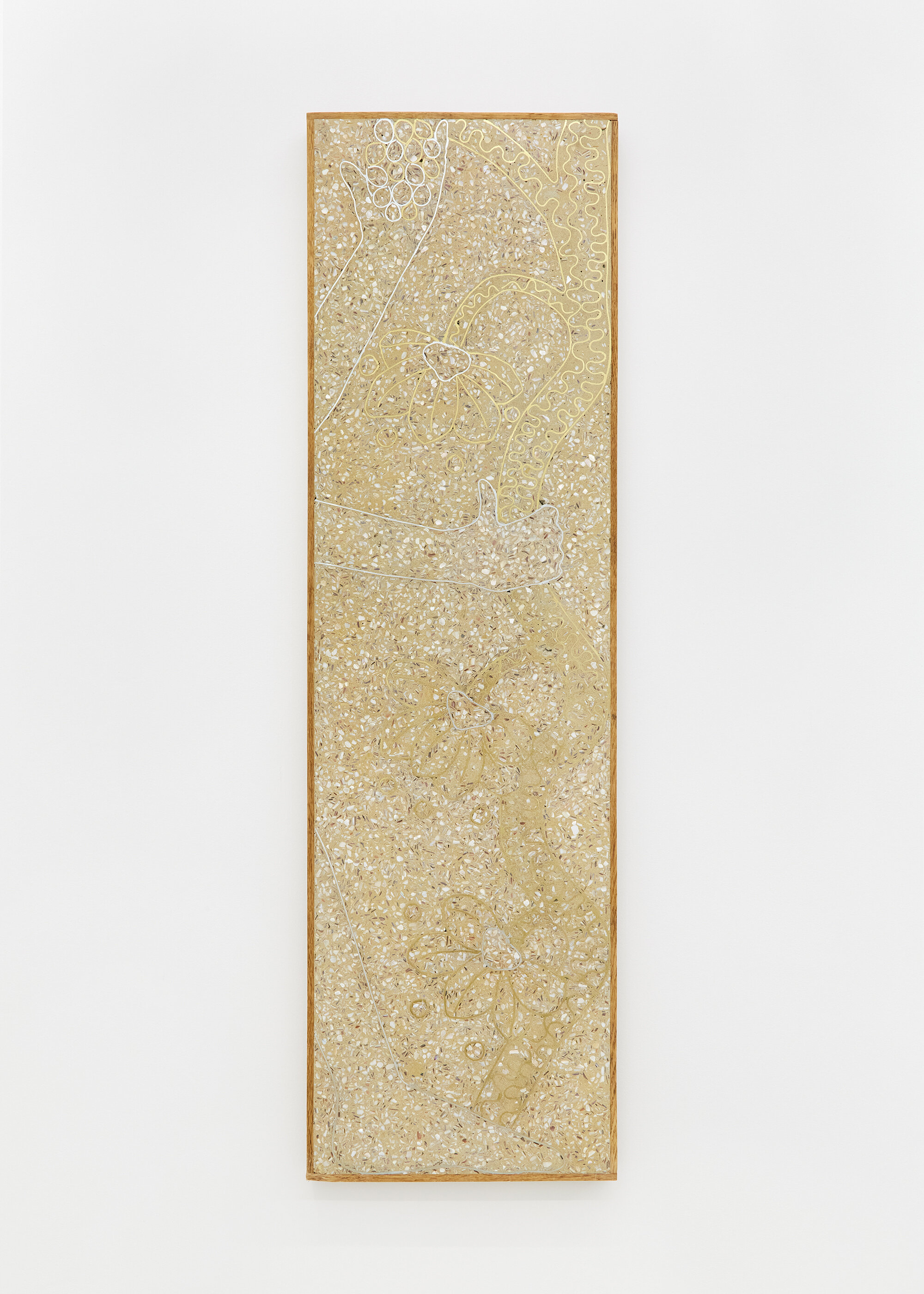  Ficus Interfaith,  Winged Genie with Sacred Tree , 2020. Cementitious terrazzo in oak frame, 123.2 x 35.6 x 3.2 cm  
