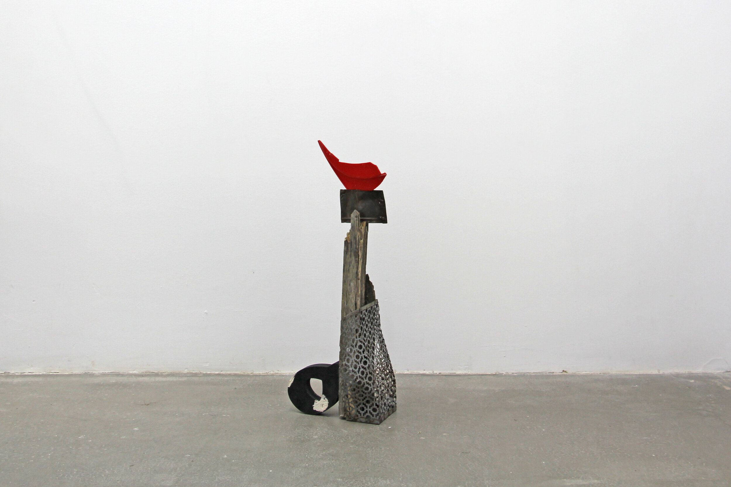  Georgia Dickie,  Exiting beak first , 2021, Found plastic, metal, wood, and objects 21.5 x 9 x 8 in (54.6 x 22.9 x 20.3 cm)  