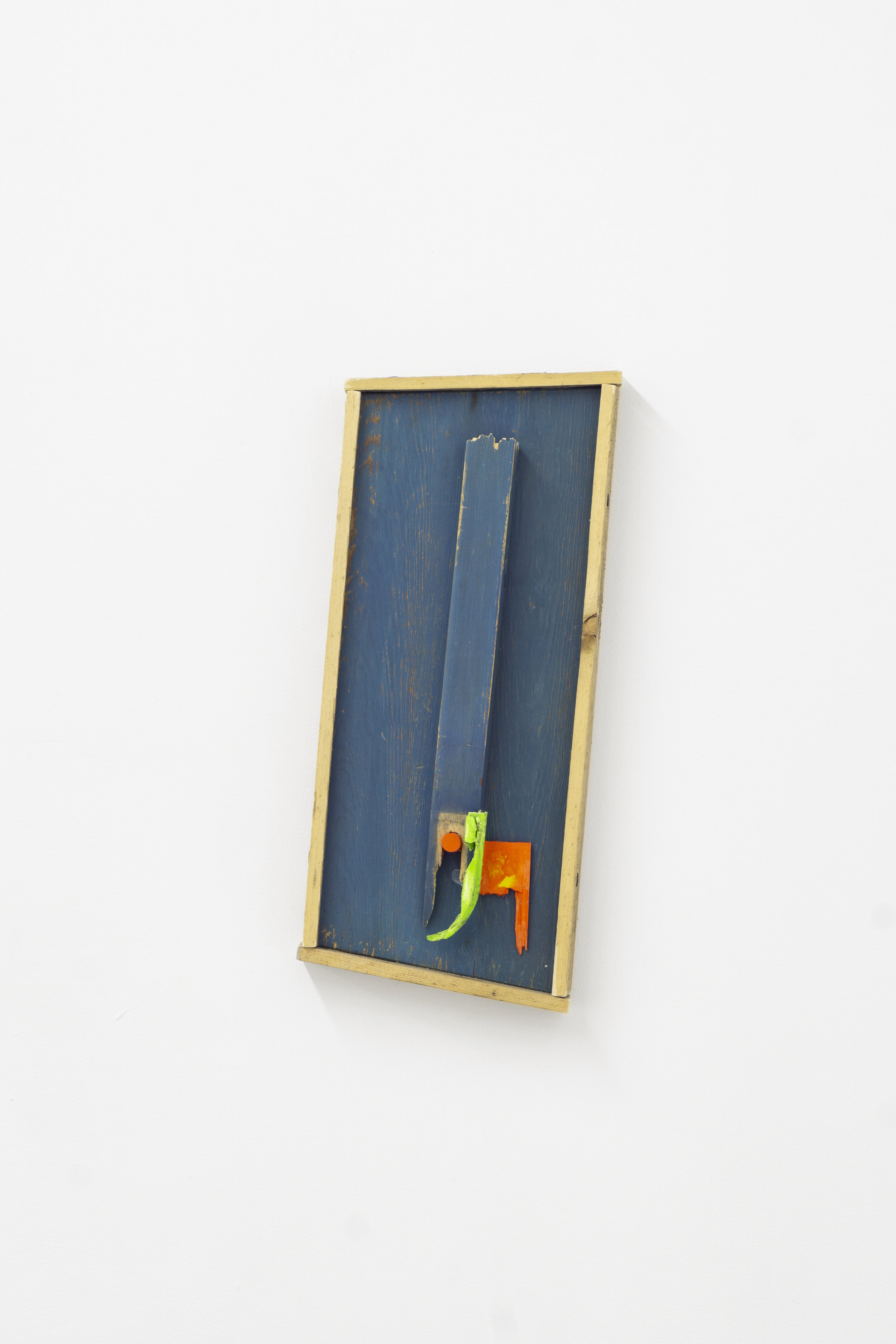  Georgia Dickie,  Gear (hi-viz) , 2021, Found wood, plastic, and paint 16 x 7 x 2.5 in (40.6 x 17.8 x 6.4 cm)  