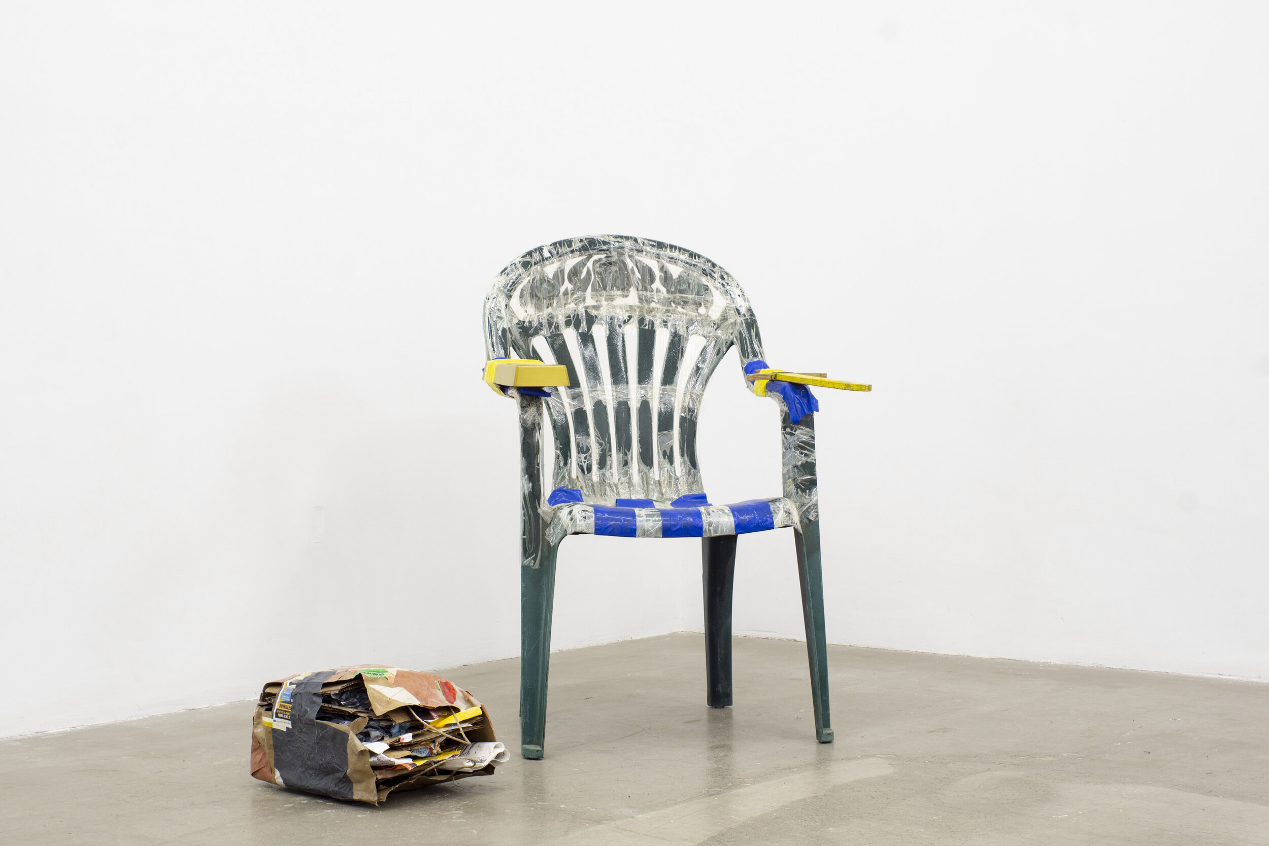  Georgia Dickie,  Moment of Serious Poignancy (Throne) , 2021 Found objects, plastic, chair, and tape, 37 x 24 x 32 in (94 x 61 x 81.3 cm)  