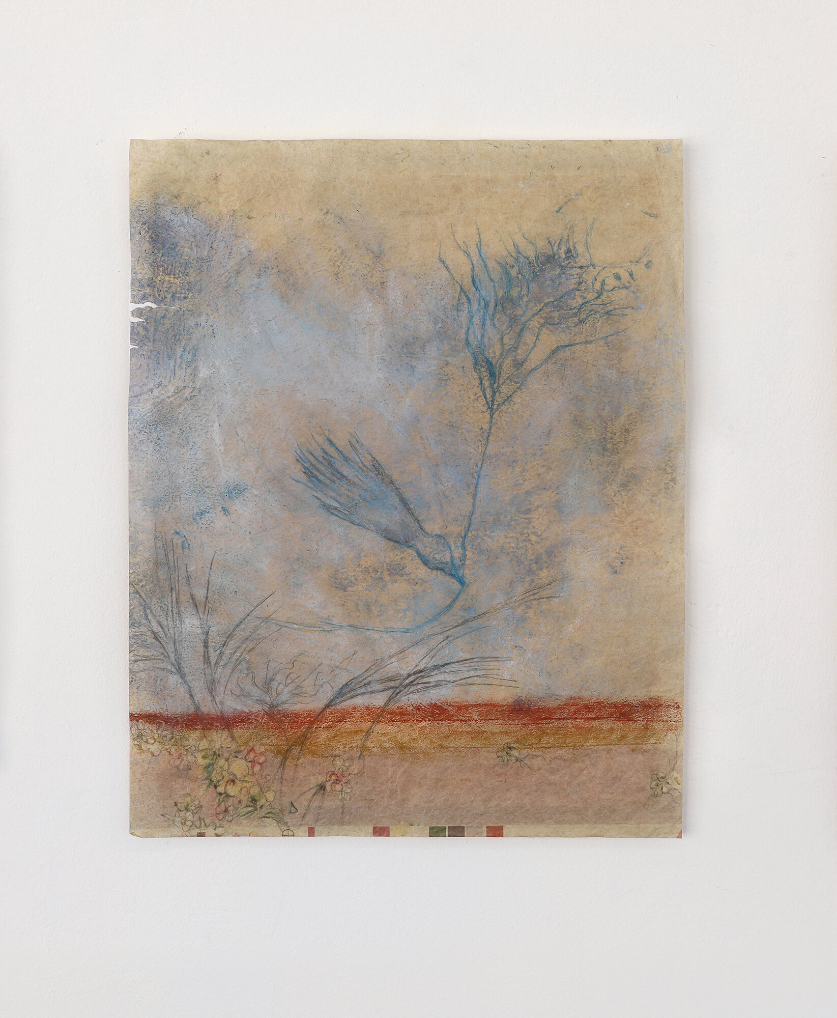   “Visite de l’oiseau”, («The Bird’s visit »)  2020, oil pastel and pencil on found paper, 32x39cm 