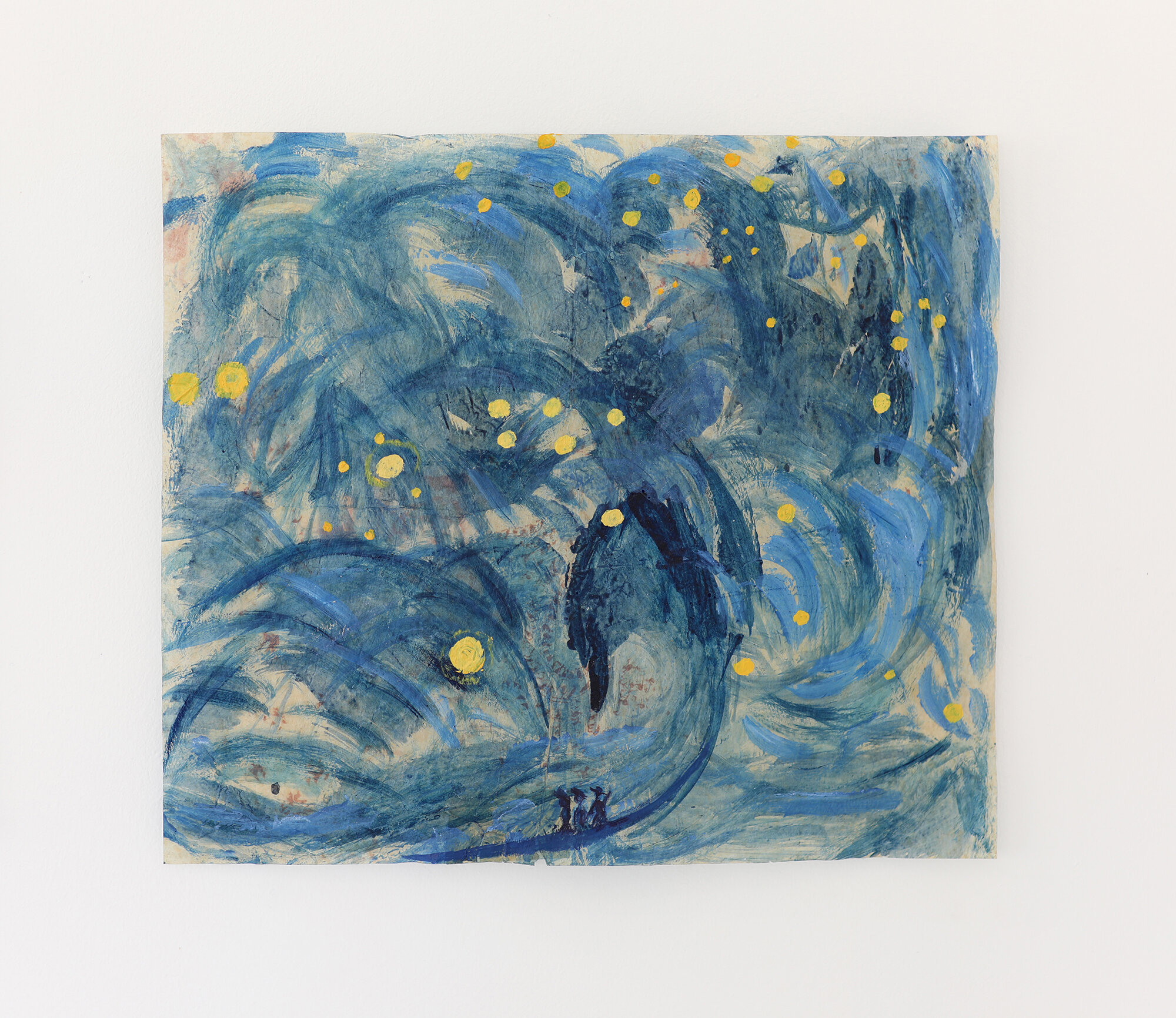   “La nuit étoilée I”, (« The starry night I »)  2020, mixed media on found paper, 39x34cm 