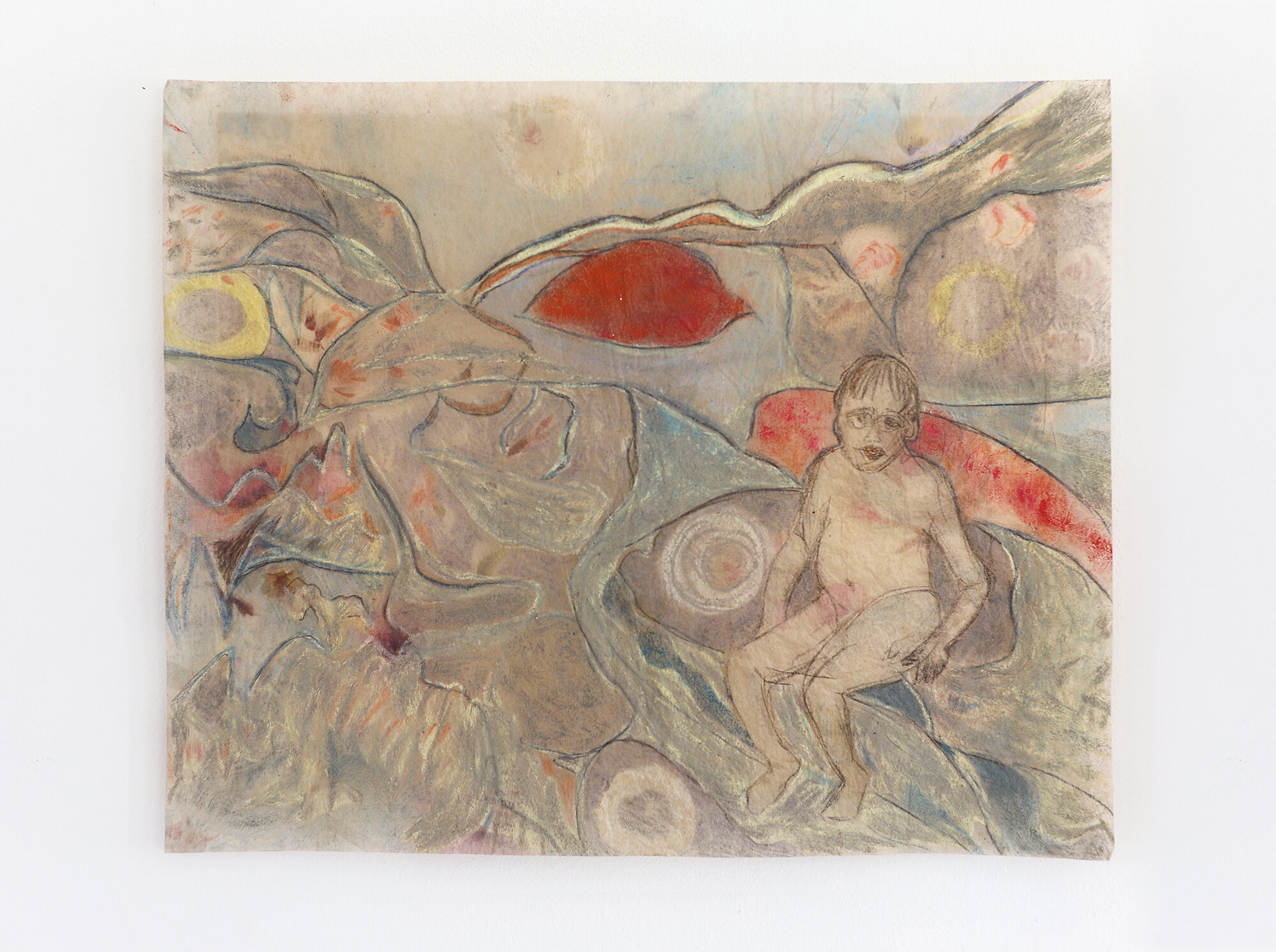   “Enfant dans les rochers”, (« Child in boulders ») , 2013, oil pastel and pencil on found paper, 39x31,5cm 