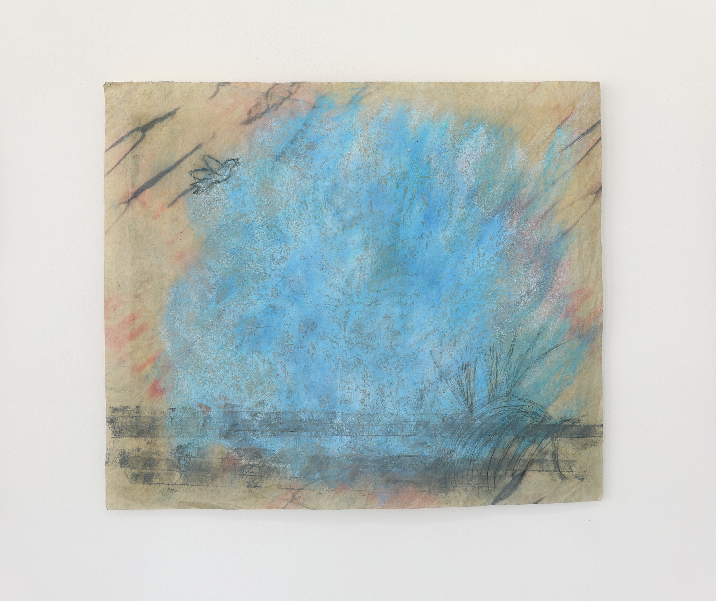   “L’envol I”, (« Taking flight I») , 2020, oil pastel and pencil on found paper, 39x33cm 