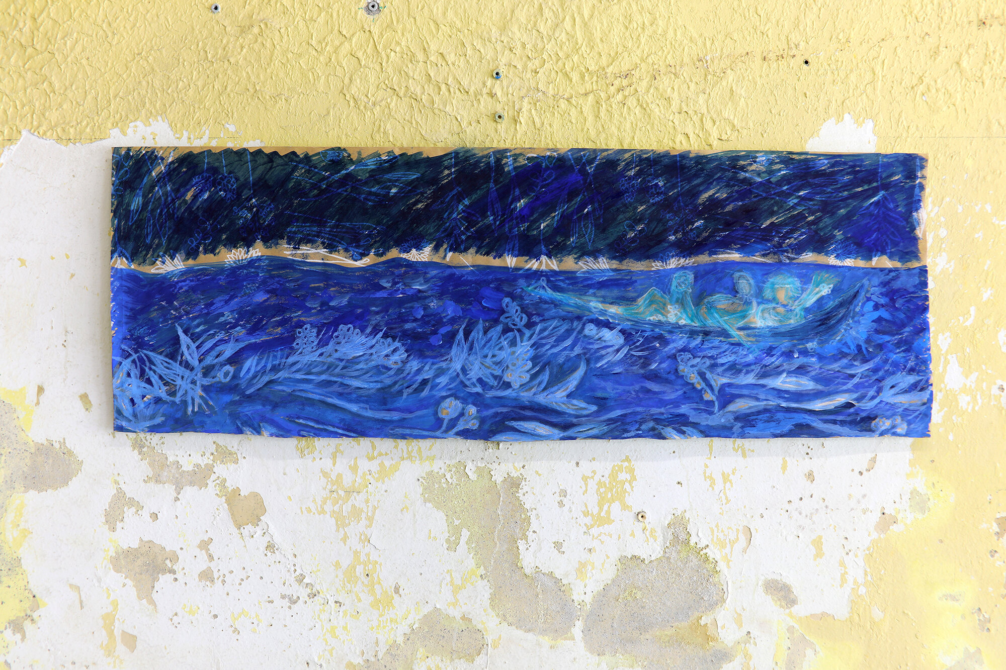  “En barque, ciel sans étoiles”, (« On boat, starless sky ») , 2020, pigment and fish glue, 93x33cm 
