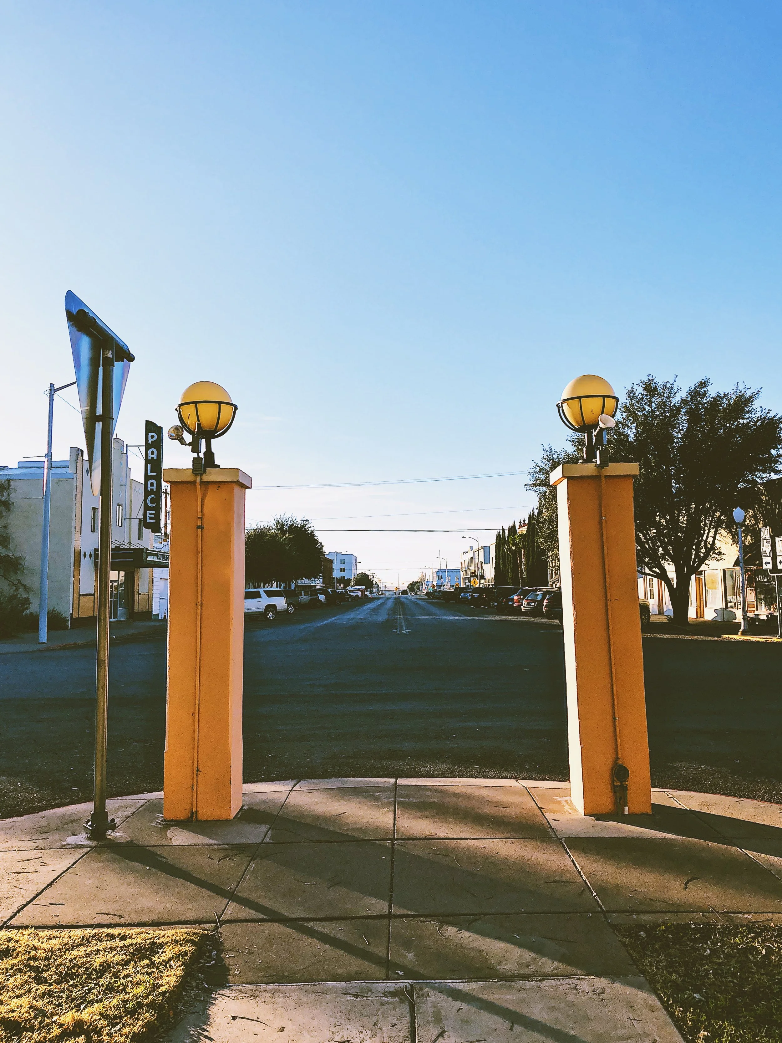 View of quiet downtown Marfa from the Presidio County Courthouse.
