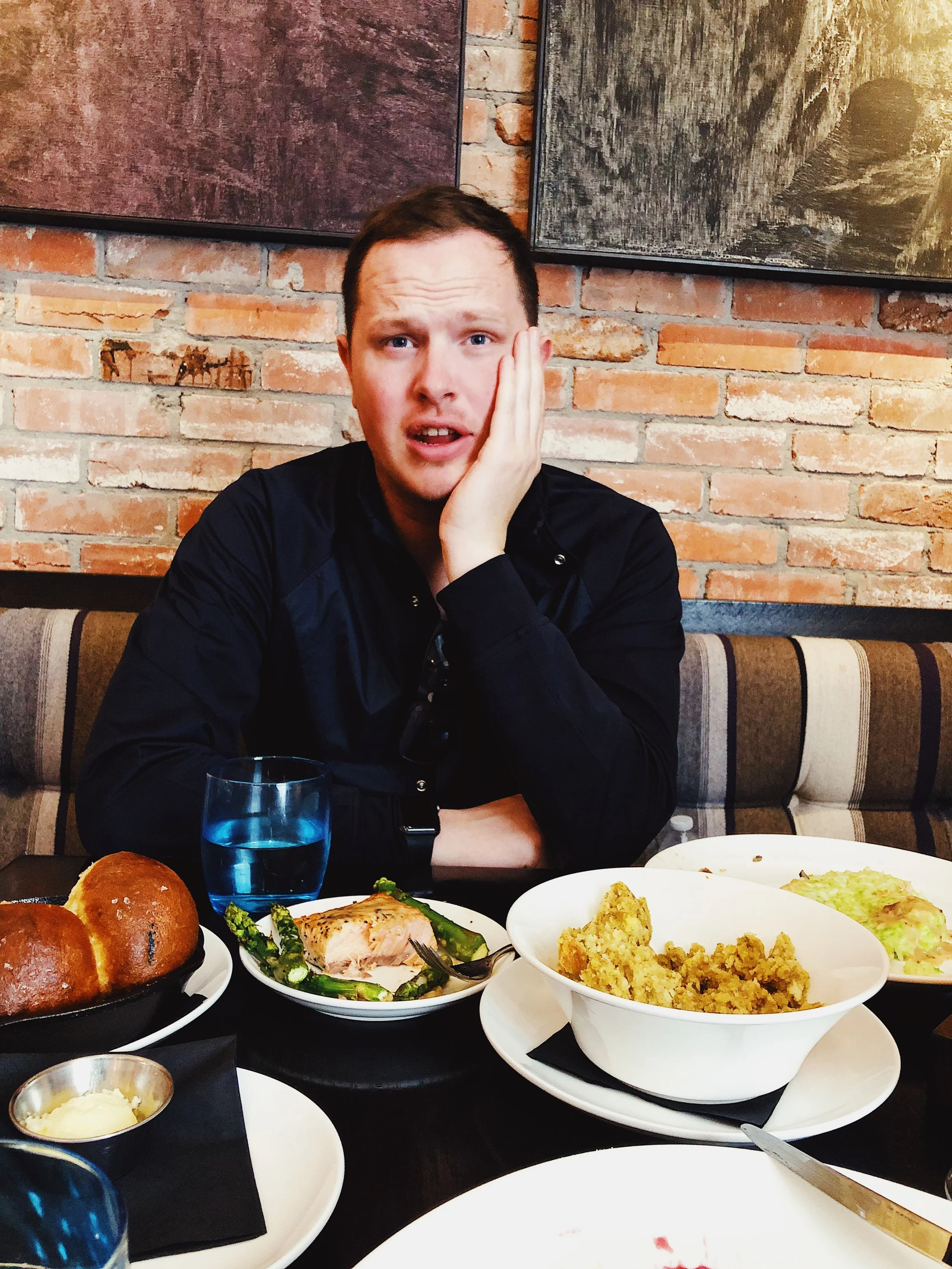 Thanksgiving dinner at LaVenture, a restaurant inside the Hotel Saint George. Little did we know this would be our last real meal for a few days.