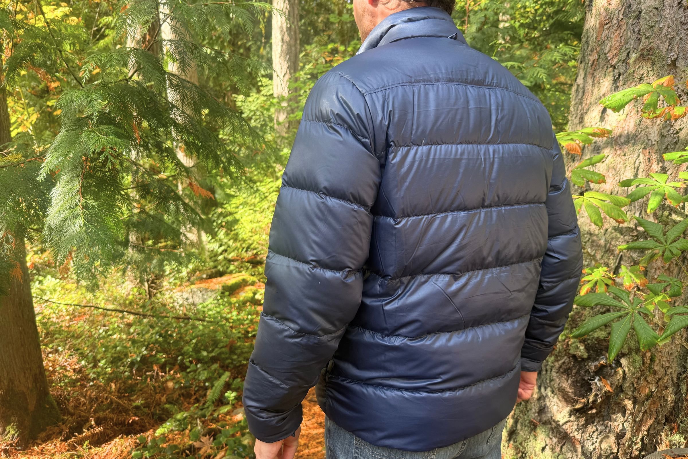 Wearing the down liner on its own during a chilly morning walk.