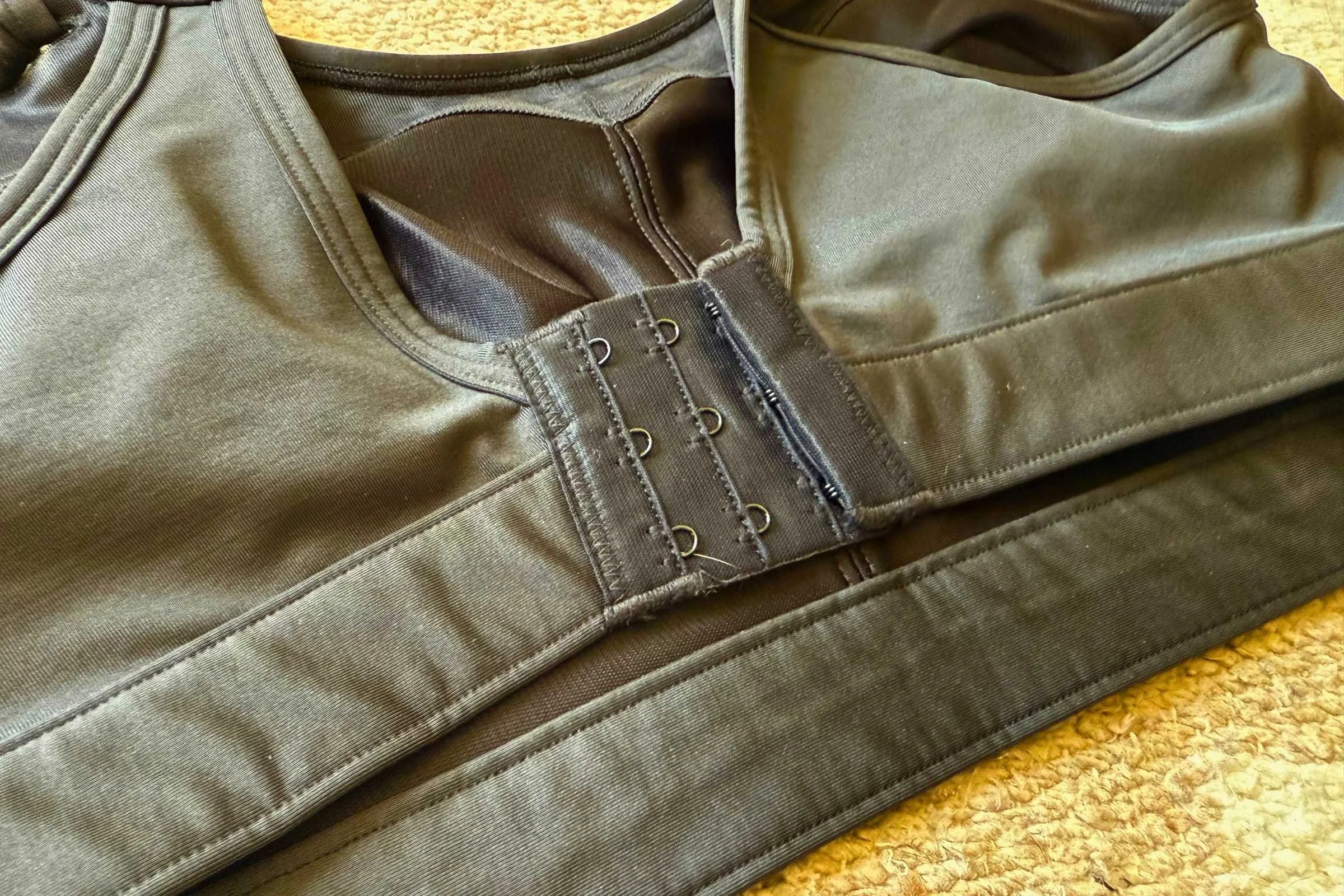 Close-up on the clasp on the Title Nine 3-seasons sports bra. Photo by Stasia Stockwell.