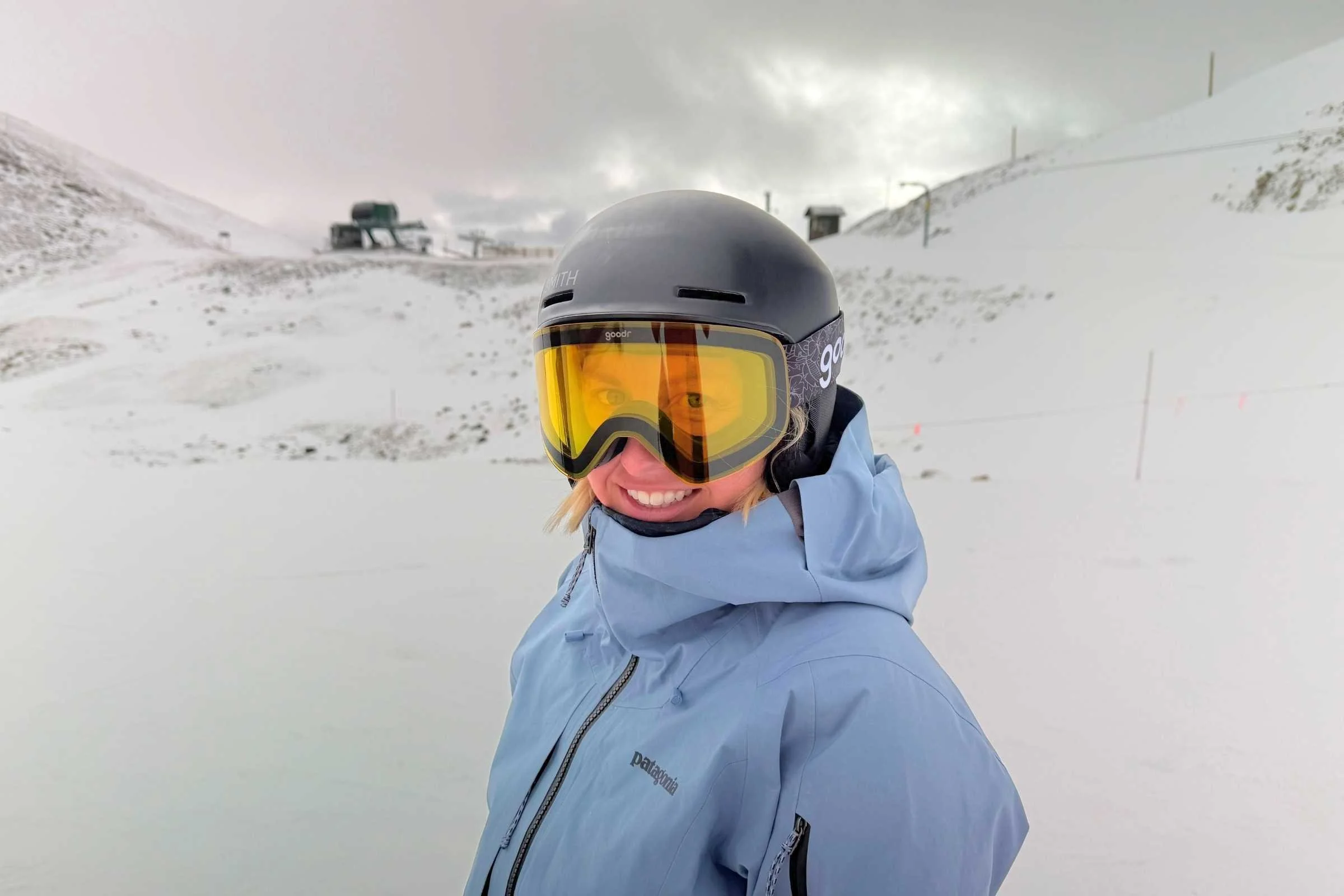 The author testing the PowSlayer in windy conditions at Arapahoe Basin. Photo by Jacob Callaghan.