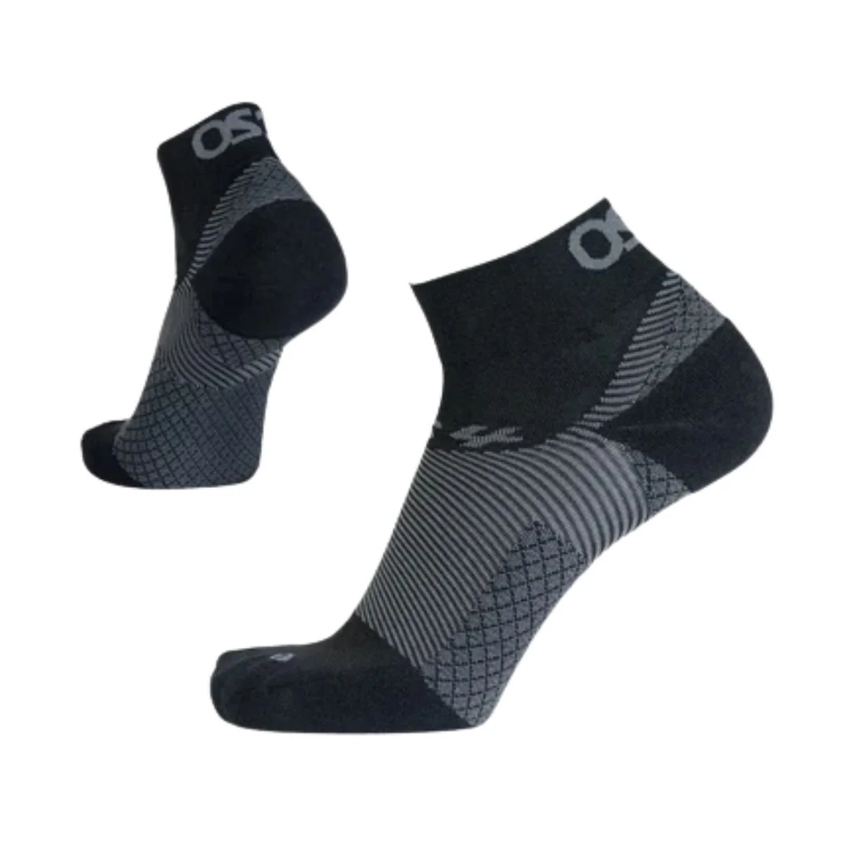 Black OS1st Plantar Fasciitis Quarter Crew Socks with gray patterned panels