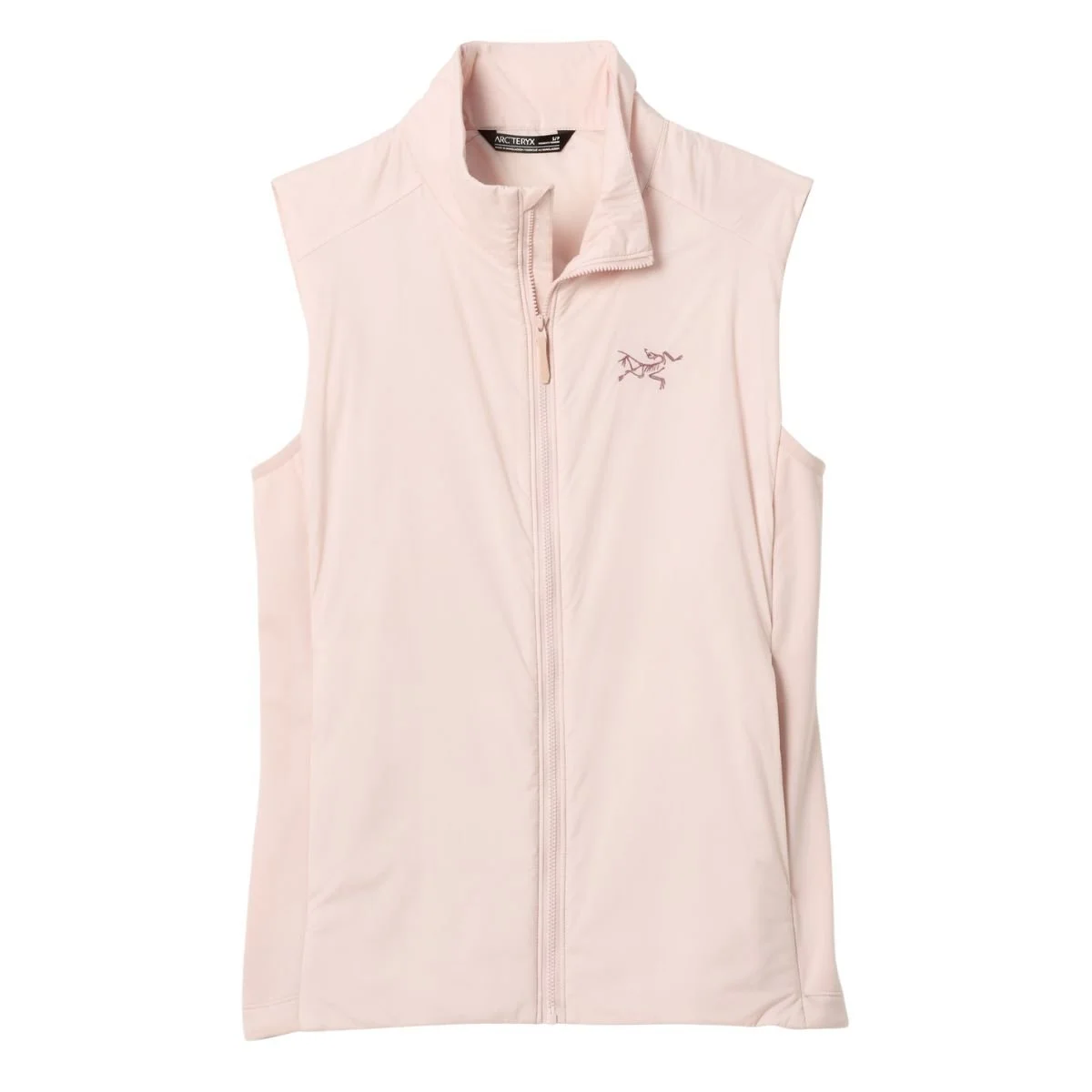 Pale pink Arc’teryx Atom Vest with a stand collar and zippered pockets