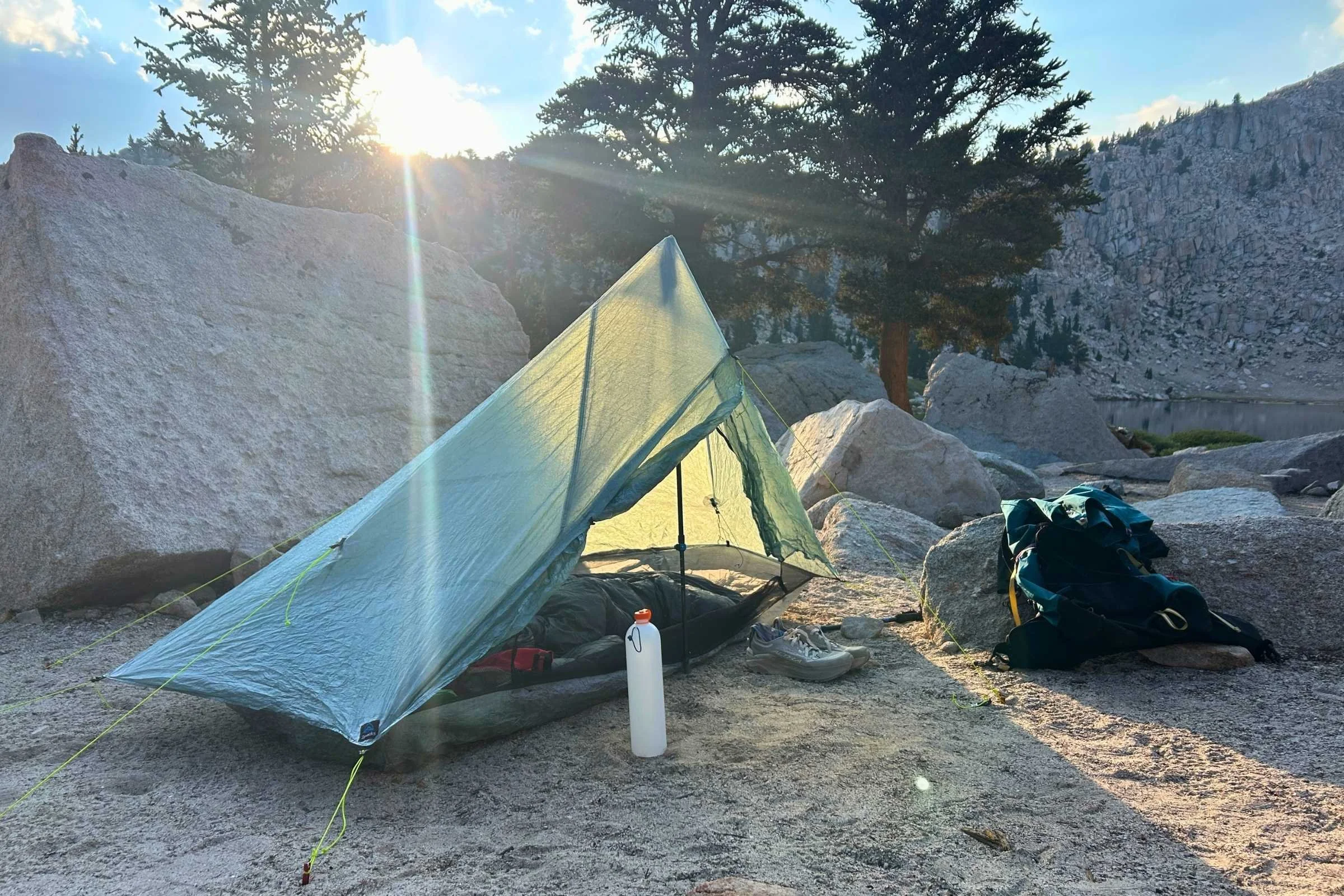 The Zpacks Plex Solo set up by a lake on the PCT in the Sierra. It easily can last at least one PCT thru-hike.