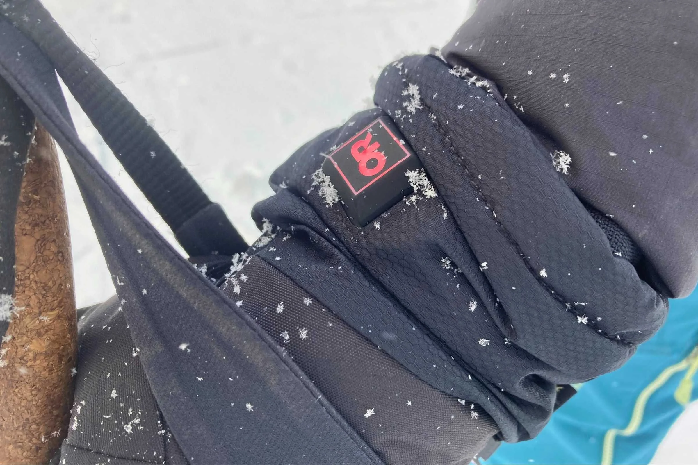 Snow crystals on the OR Heated Prevail glove. You can see the OR emblem is red, so the gloves are on.