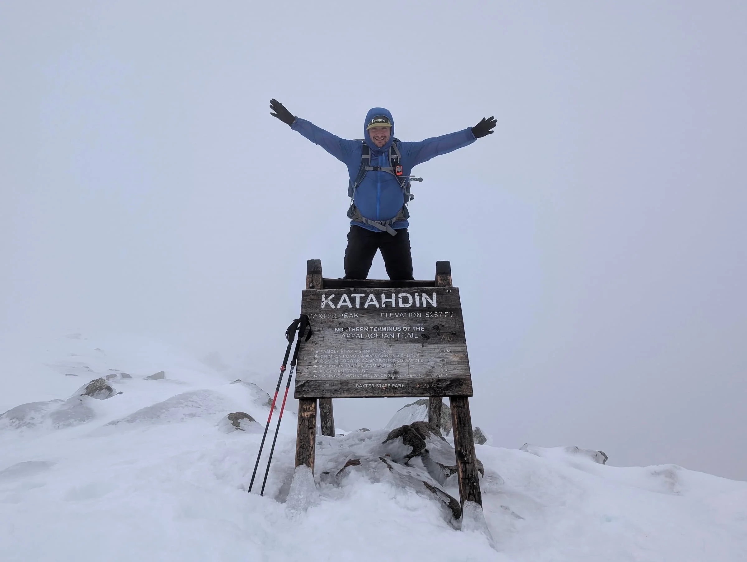 aubri drake on katahdin mountain summit in the snow