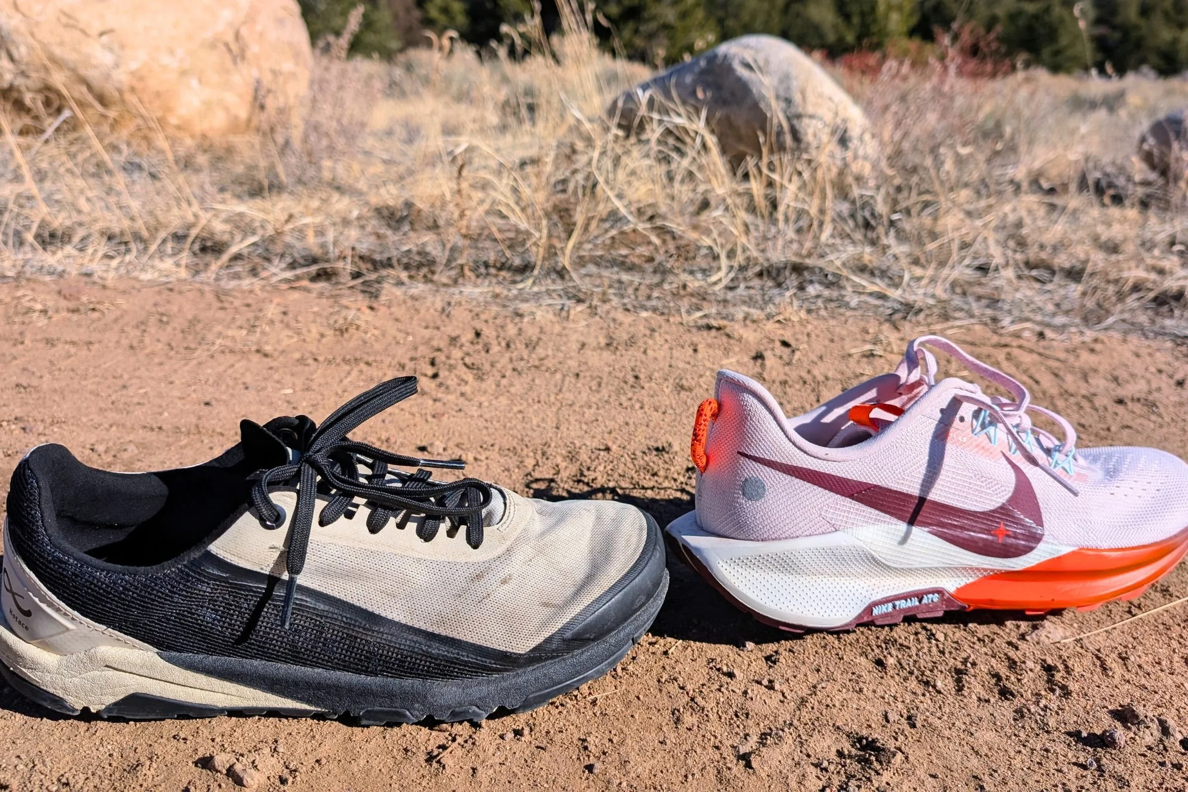 The Notace Yama T1 has 15 mm of stack height and a zero drop platform, while the Nike Pegasus Trail has a 37 to 27.5mm stack height (from heel to toe).