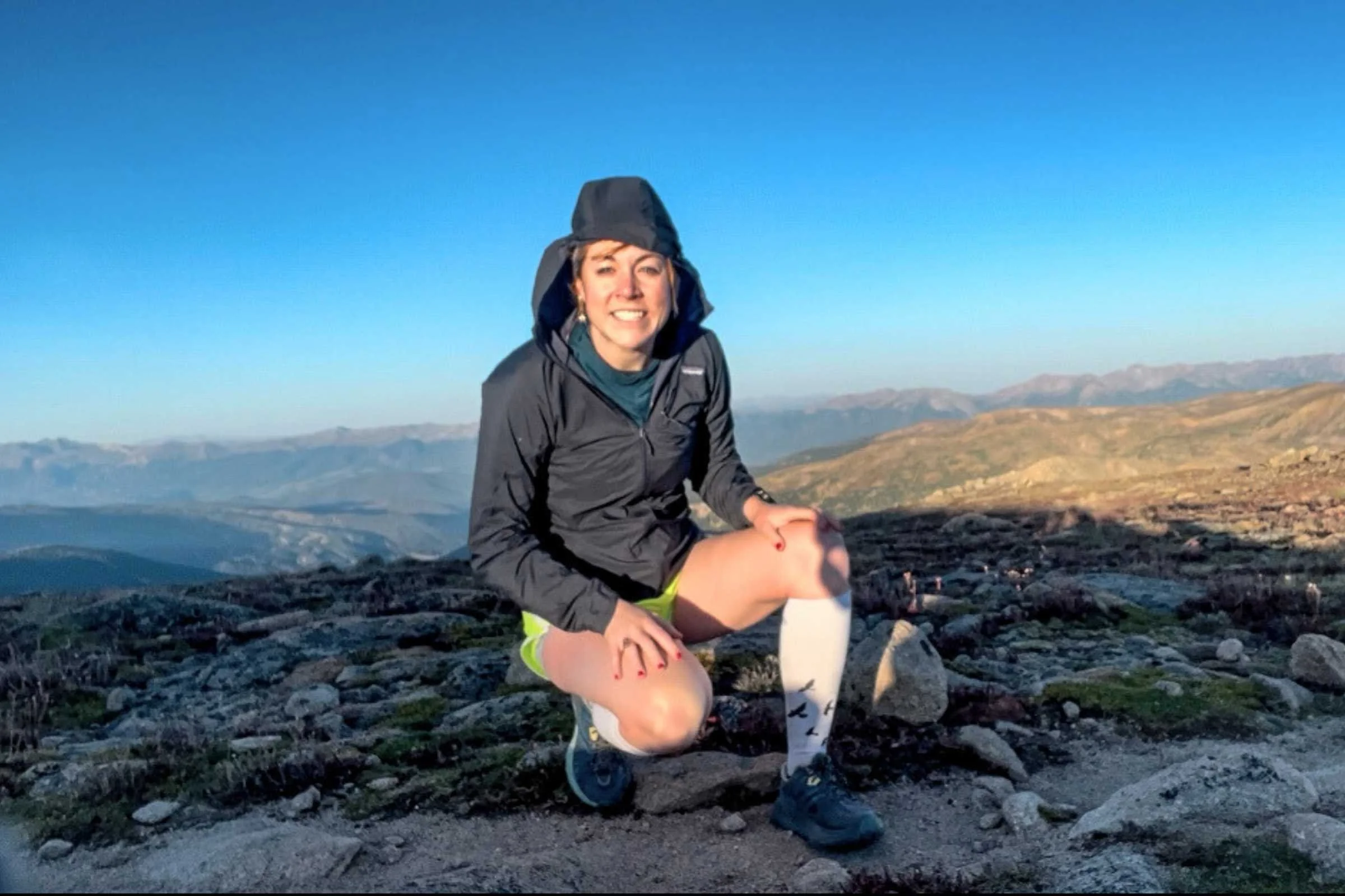 The secure hood on the Patagonia Air stayed on even in the wind on a summit.