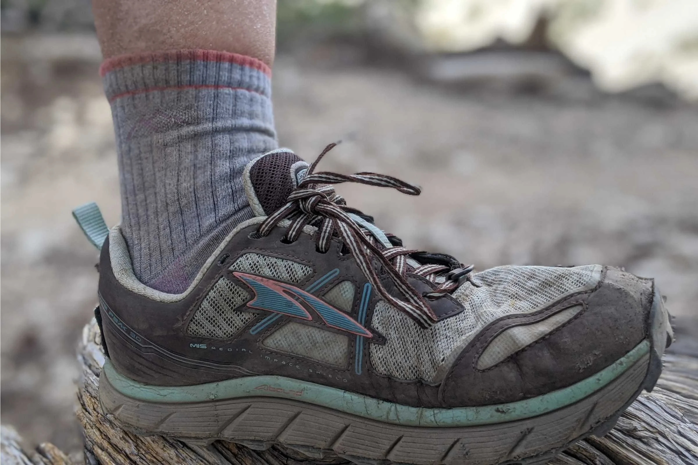 Treeline Review editor Liz Thomas wearing the Darn Tough Coolmax socks on a backpacking trip on San Gorgonio, the highest peak in Southern California. These socks are experts at thermoregulation, especially for a synthetic sock.