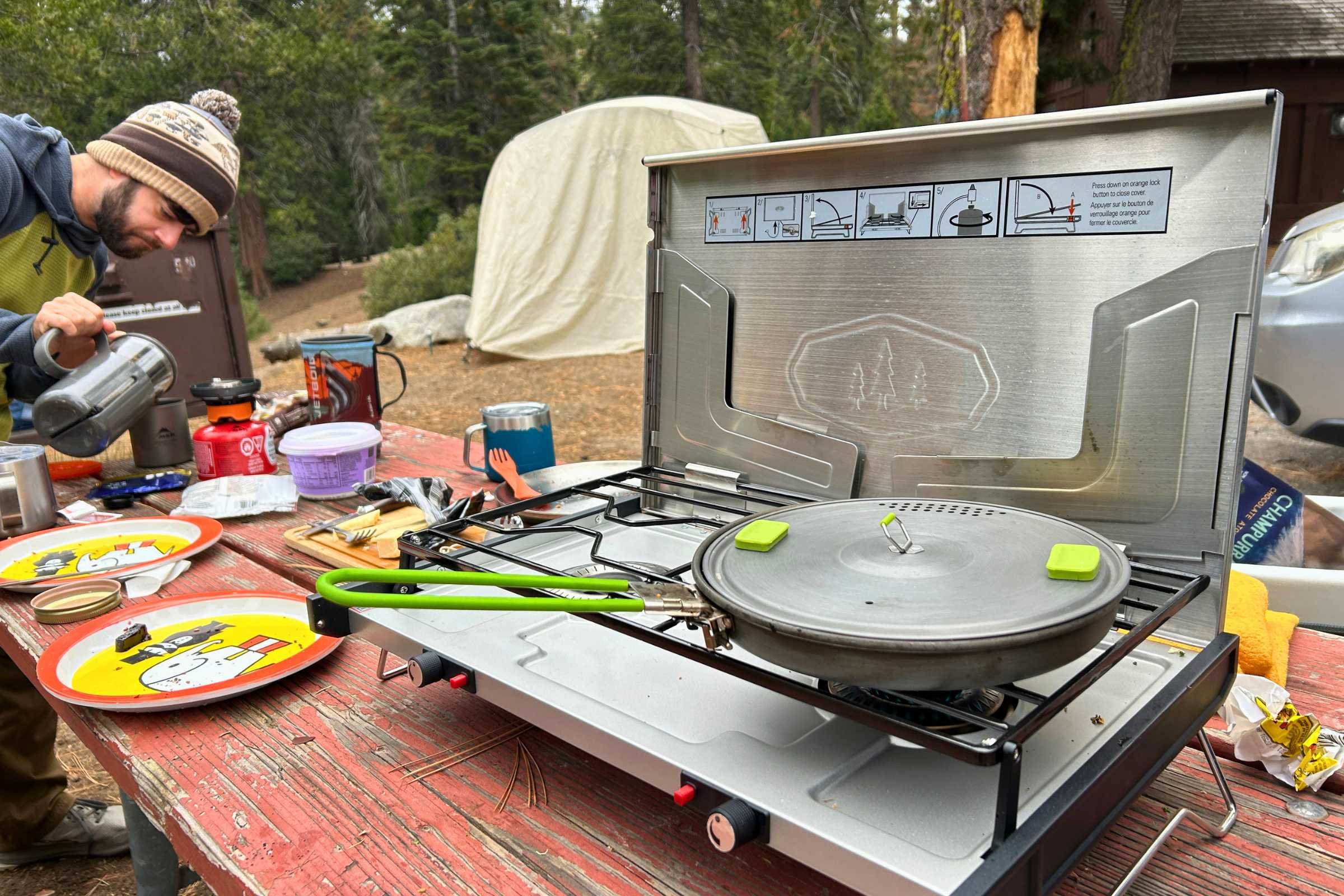 Frying up breakfast in the GSI Pinnacle Pro camping stove while on a 5-day camping trip with three people in Sequoia National Park.