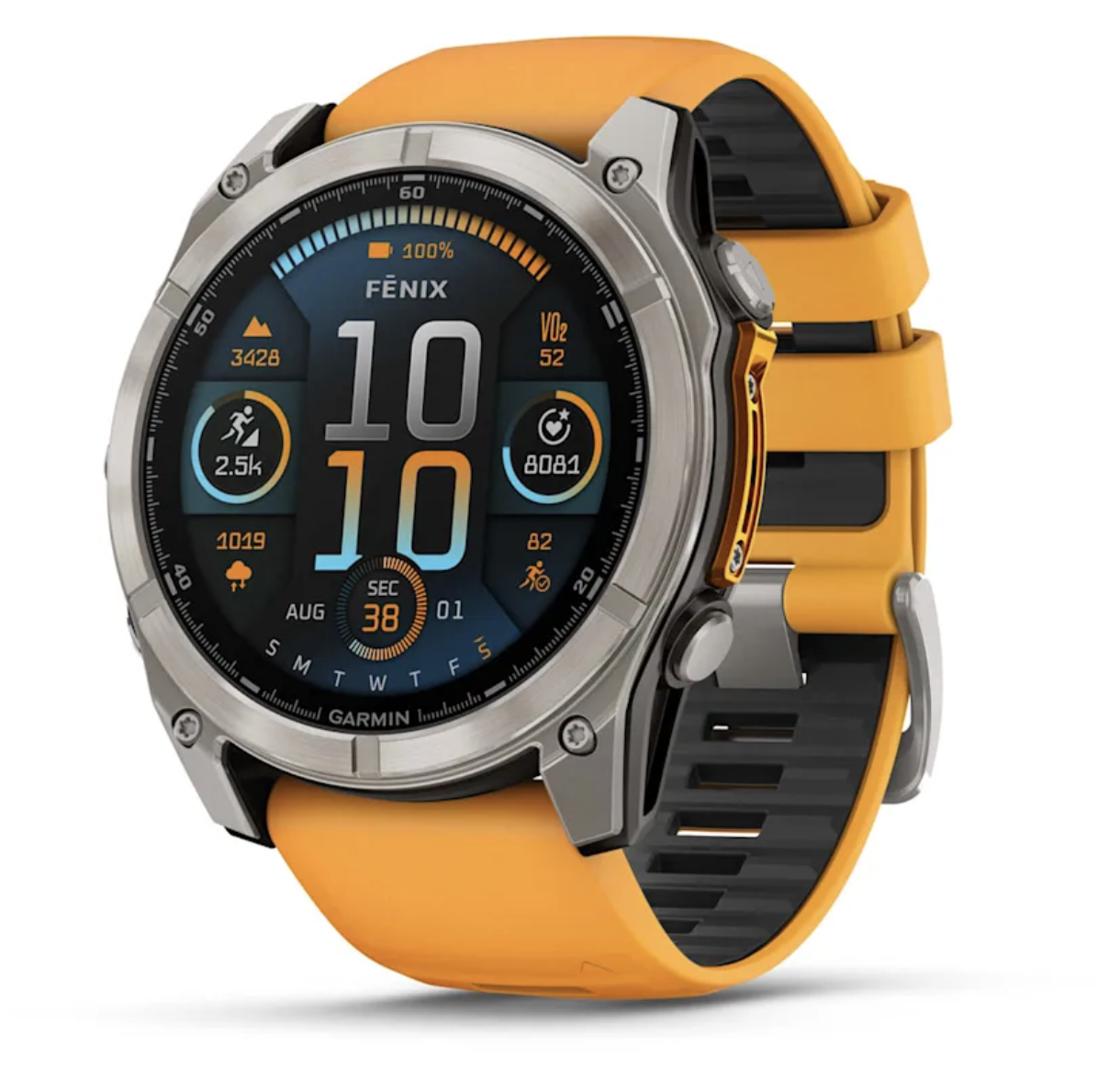 The Garmin fenix 8 GPS watch with a bright orange watchband