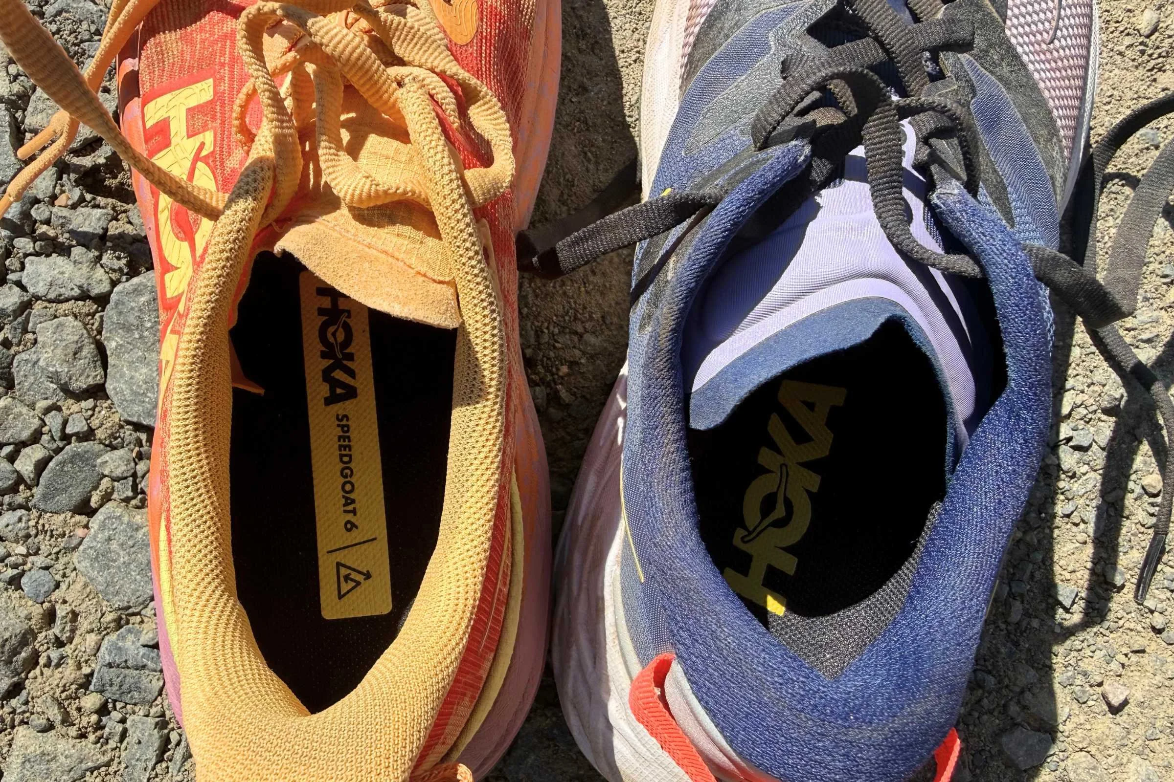 The HOKA Speedgoat 7 (right) has an updated fit with more cushion around the heel.