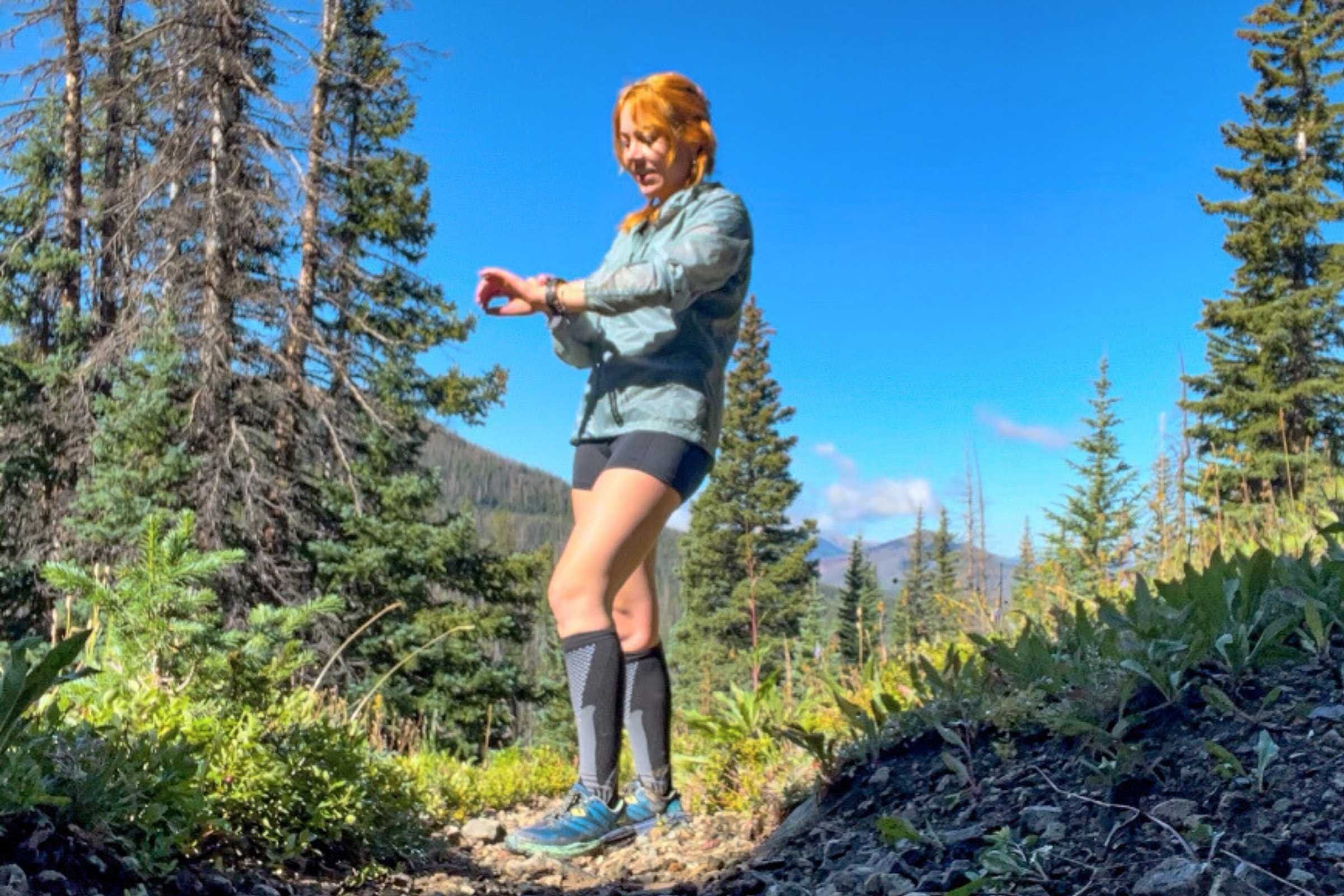 Author testing the Black Diamond Distance Shell on trail.