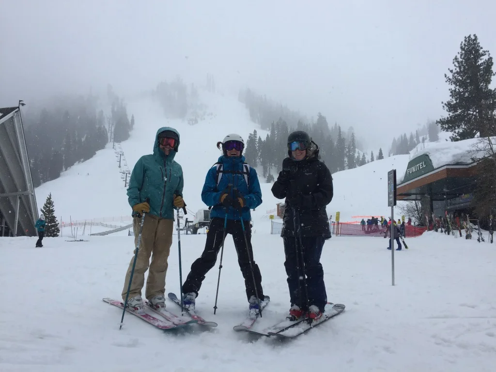 The author skiing with friends on a foggier day in Squaw Valley, California. Photo courtesy Jill Sanford.