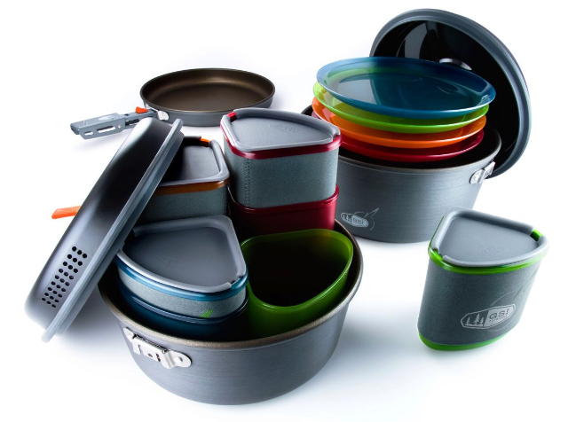 The GSI Pinnacle cookset includes more than 20 pieces of cookware.