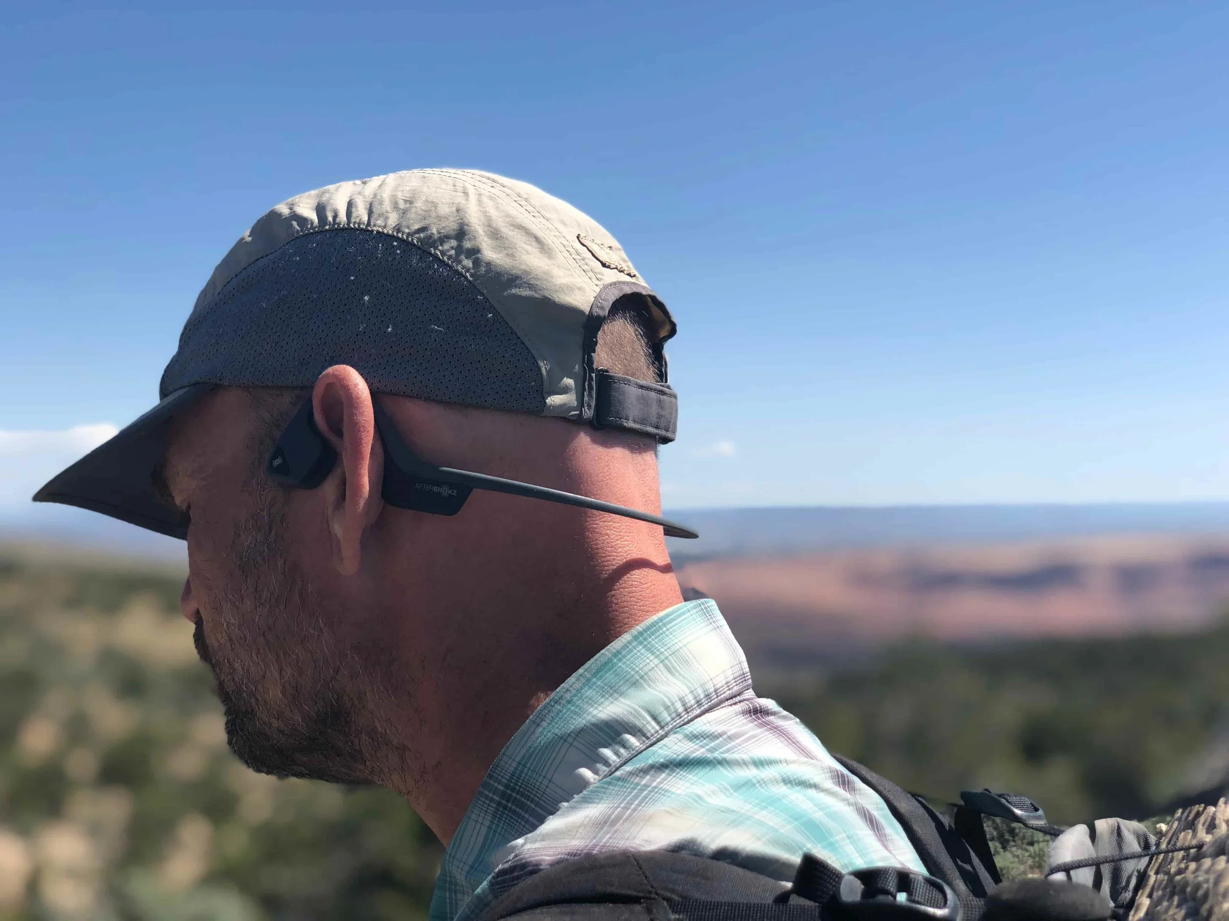 We both give a big thumbs up to the Aftershokz Trekz Air headphones. They work by not covering your eardrums, meaning you can still hear that rattlesnake, car approaching, or your hiking partner calling for help. Photo courtesy Naomi Hudetz.