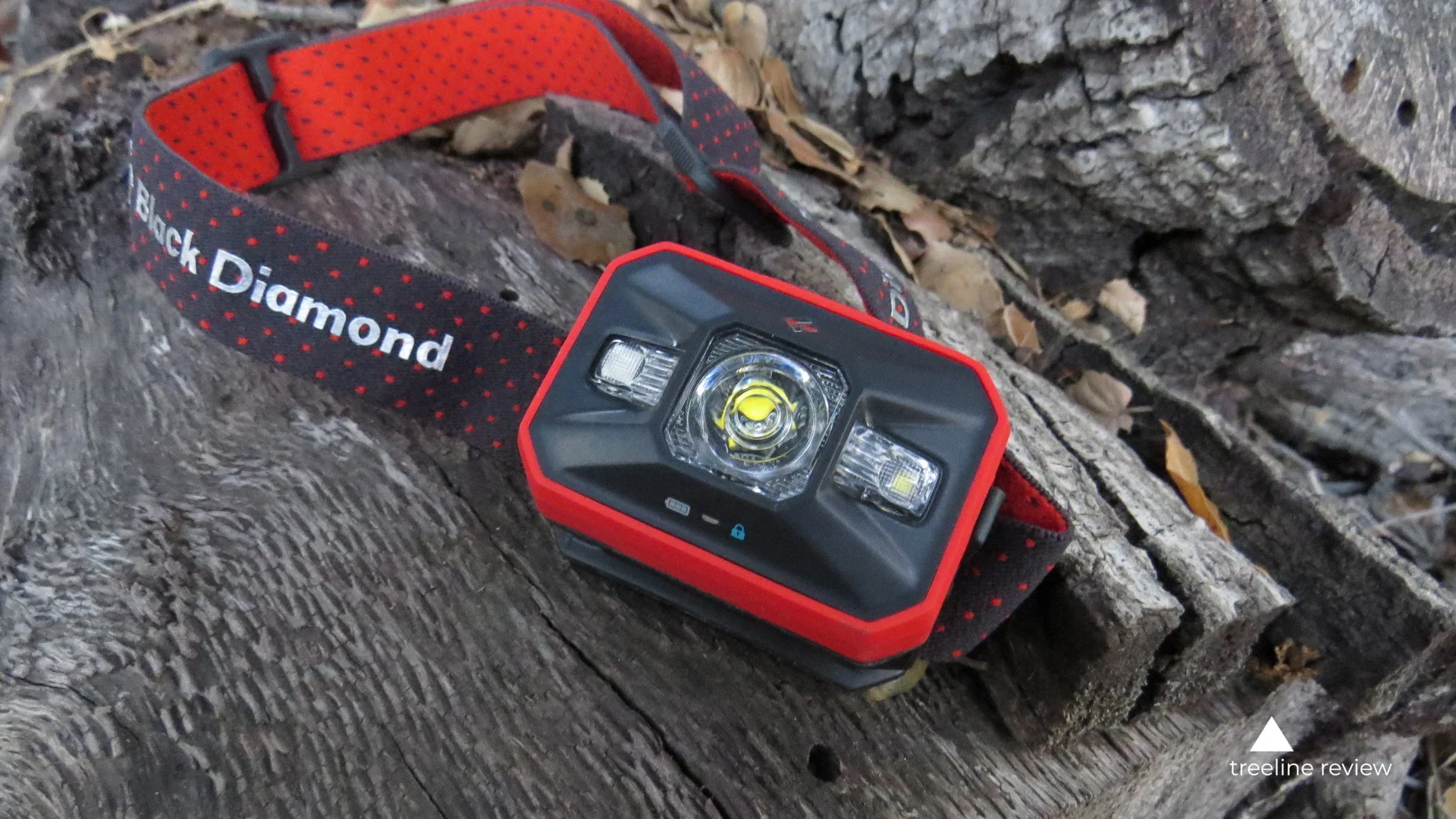 The Black Diamond Storm headlamp on a log.