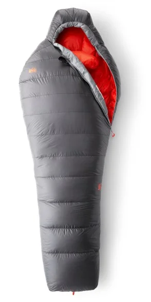 The REI Magma 15 men’s sleeping bag, partially zipped.