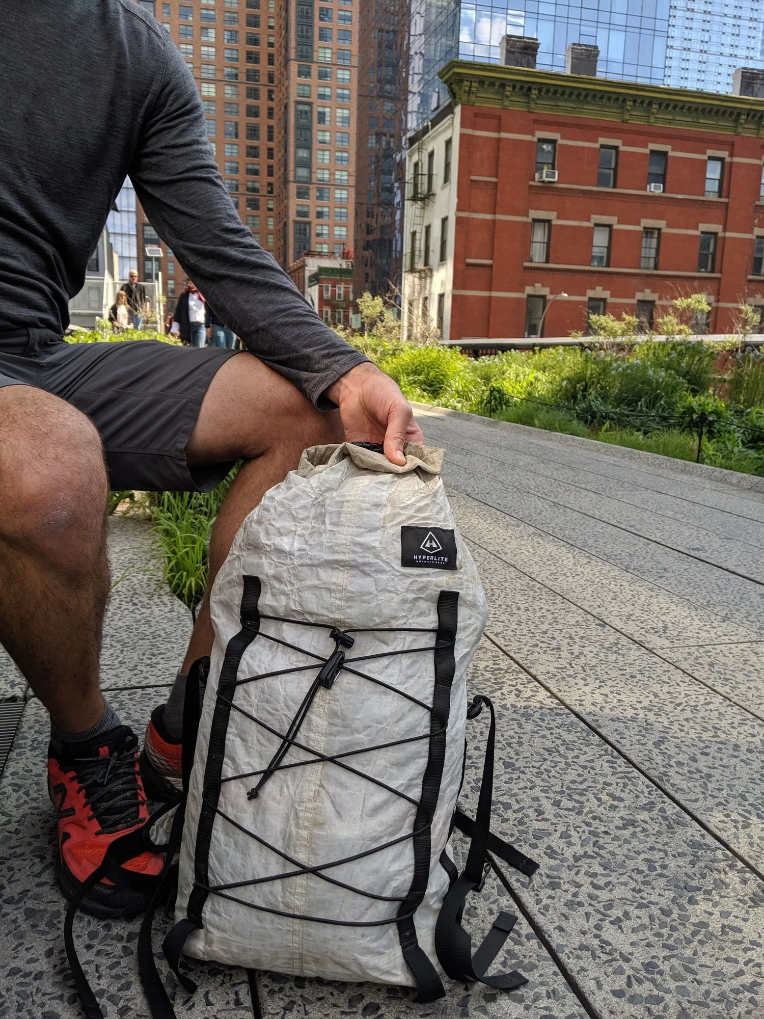 The Hyperlite Mountain Gear Summit pack on the Highline Park in New York City.