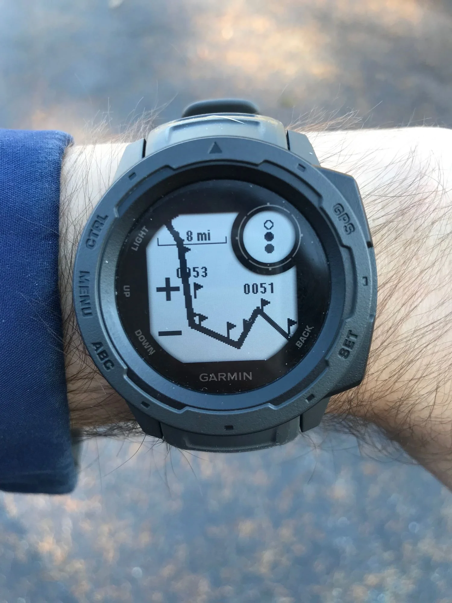 The Garmin Instinct GPS watch can track data and stats on day hikes, workouts, and even long distance hikes…or so we are testing! Here the watch shows the climb out of the Grand Canyon. Photo courtesy Mike Unger.
