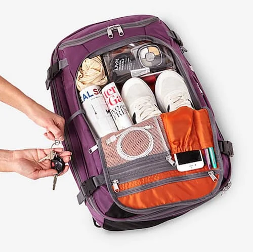 The eBags Mother Lode Weekender Convertible travel backpack, shown here fully packed.