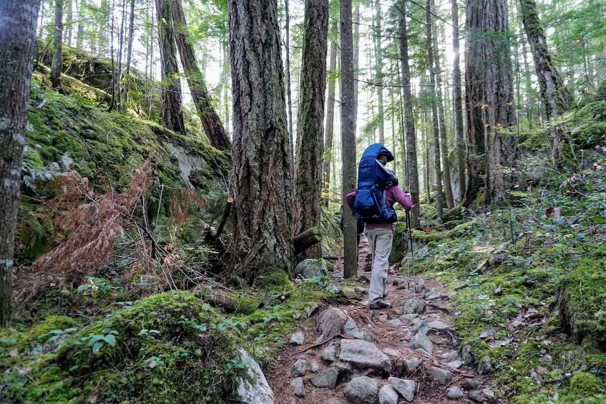 The Deuter Kid Comfort child backpack carrier is great for hikes on uneven ground when kids reach toddler size. Photo by Ebony Roberts.